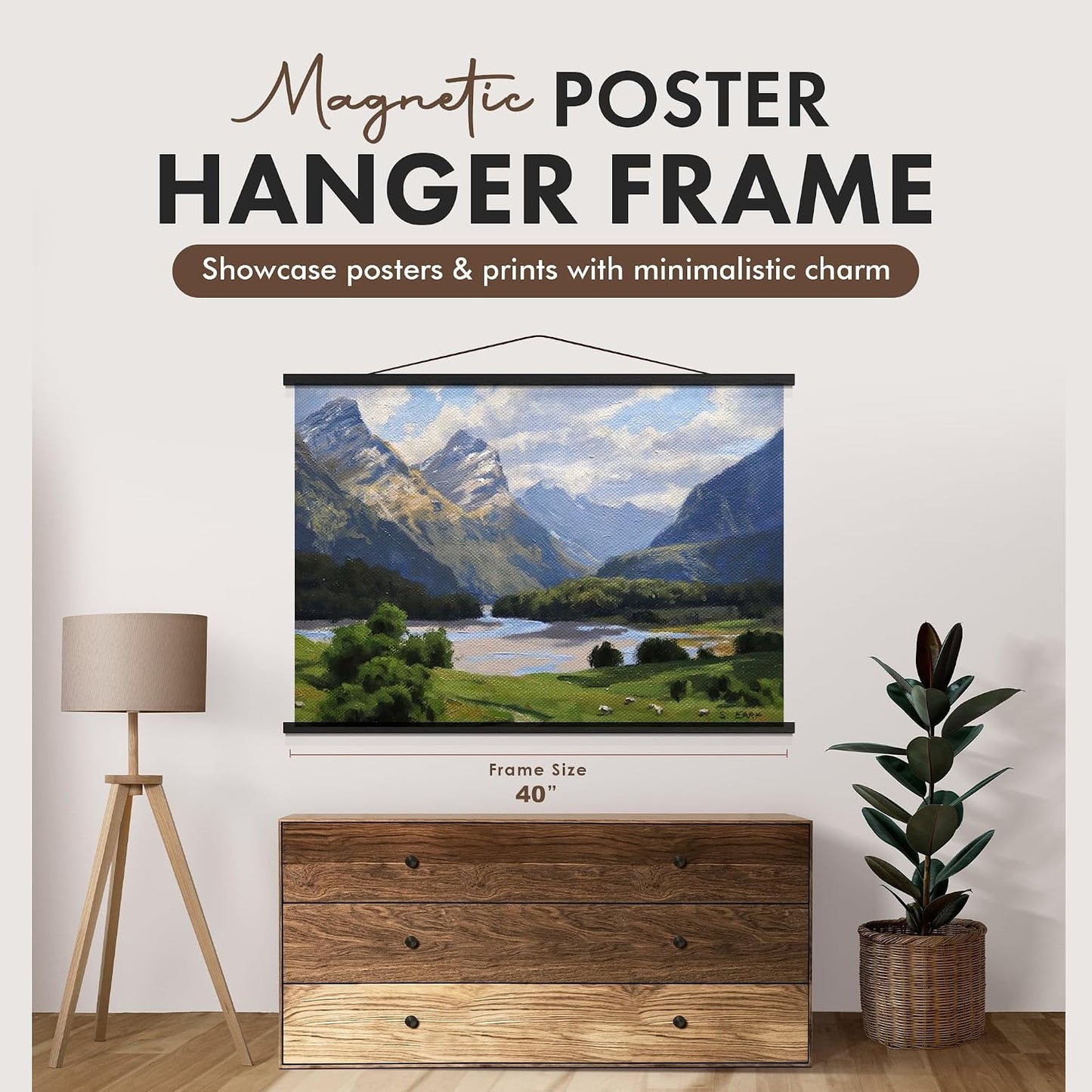 Magnetic Poster Hanger 40” Poster Frame with Strong Magnets, Complete Hanging Kit for Art, Maps, Pictures and More