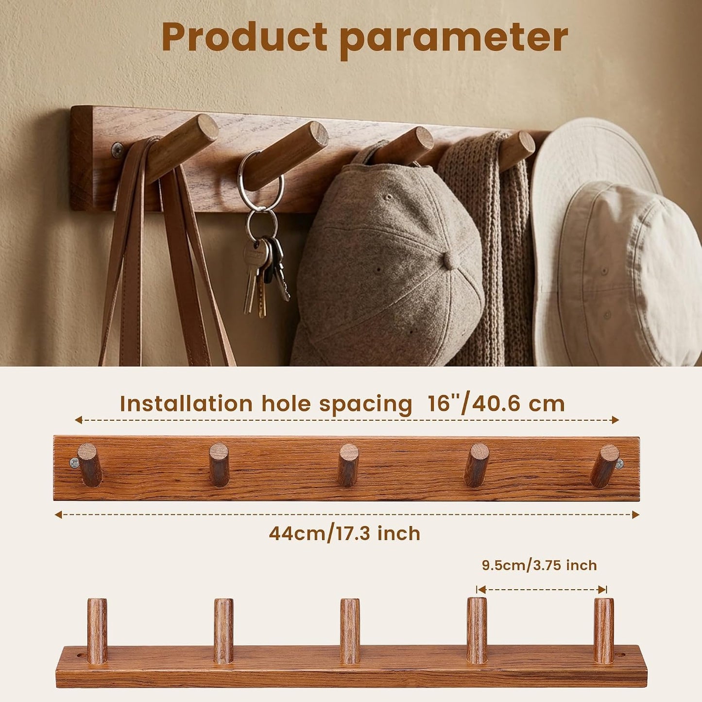 Natural Teak Wall-Mounted Coat Rack (Set of 2, 16'' Hole to Hole) - Farmhouse Entryway Hooks with 5 Wooden Hooks Each