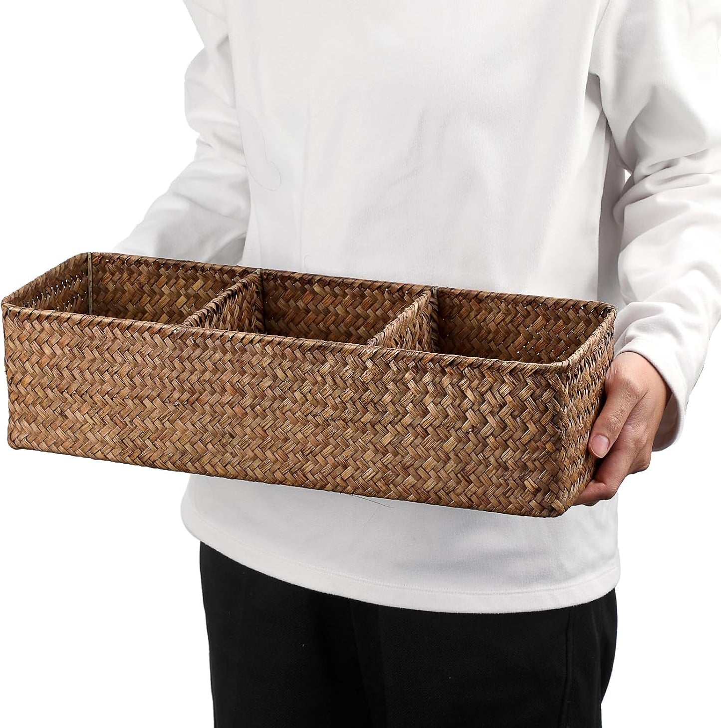 Handwoven Wicker Storage Box 3 Sections Seagrass Basket Bin Toilet Paper Holder / Large / Coffee