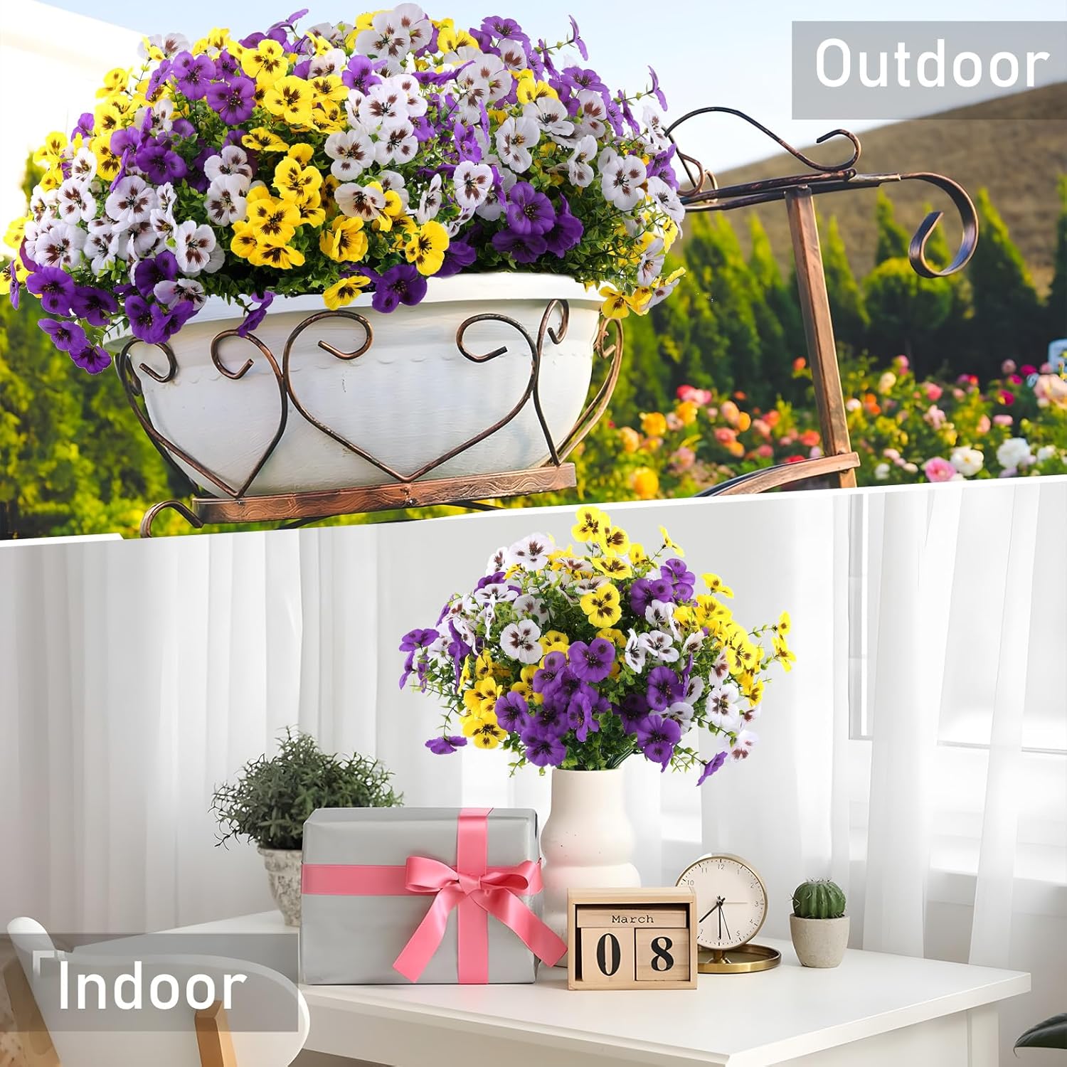 Artificial Fake Pansy Flowers / Purple, Yellow, White / Set of 18