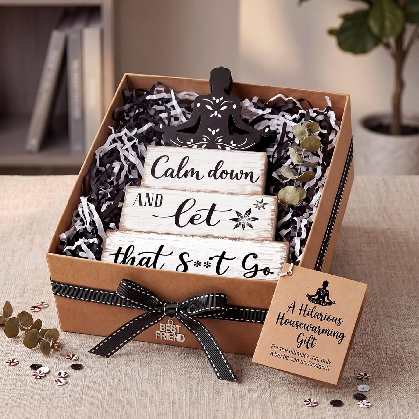 Funny Bathroom Shelf Decor Calm Down and Wooden Block Sign Rustic Farmhouse / Let That Go / Set of 4
