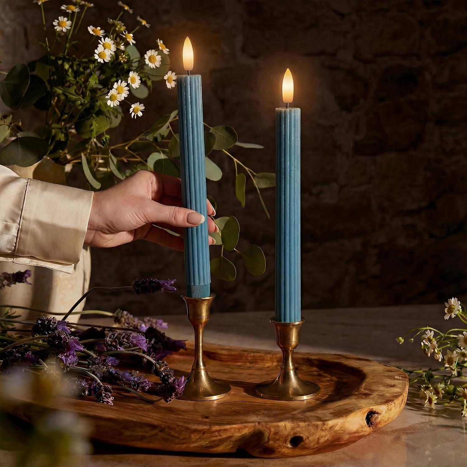 10" Fluted Ribbed LED Blue Grooved Real Wax Taper Candles, Remote & 24h Timer Memory, On/Off Switch - Flameless