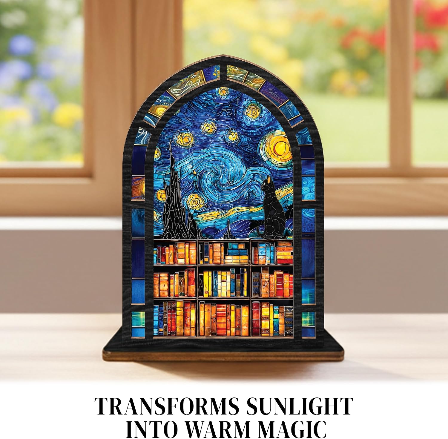 Starry Night Stained Glass Book Nook Candle Holder / Starry Night Cat Suncatcher Candle Holder