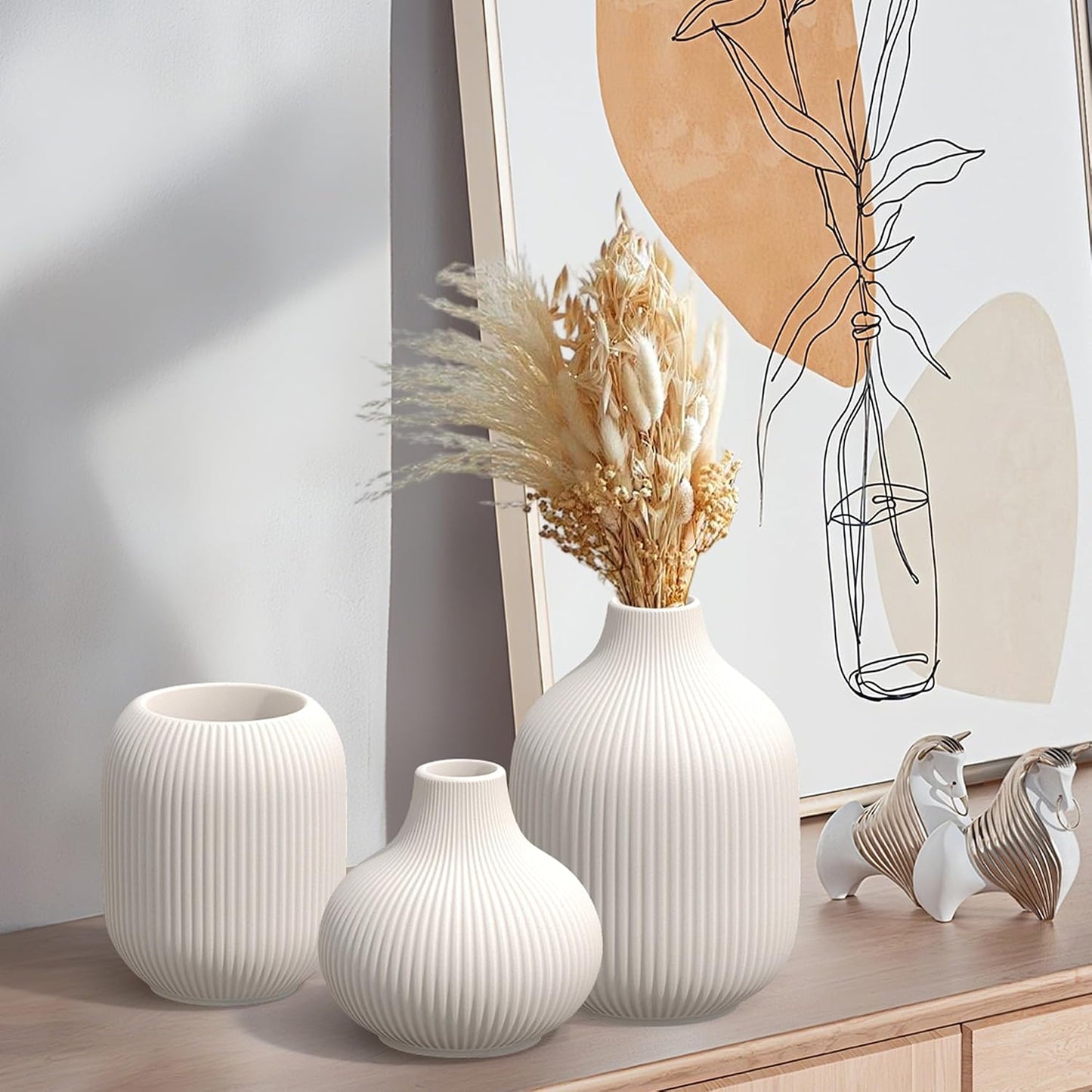 White Small Ceramic Vases / 3-piece-set / Round White / Set of 3