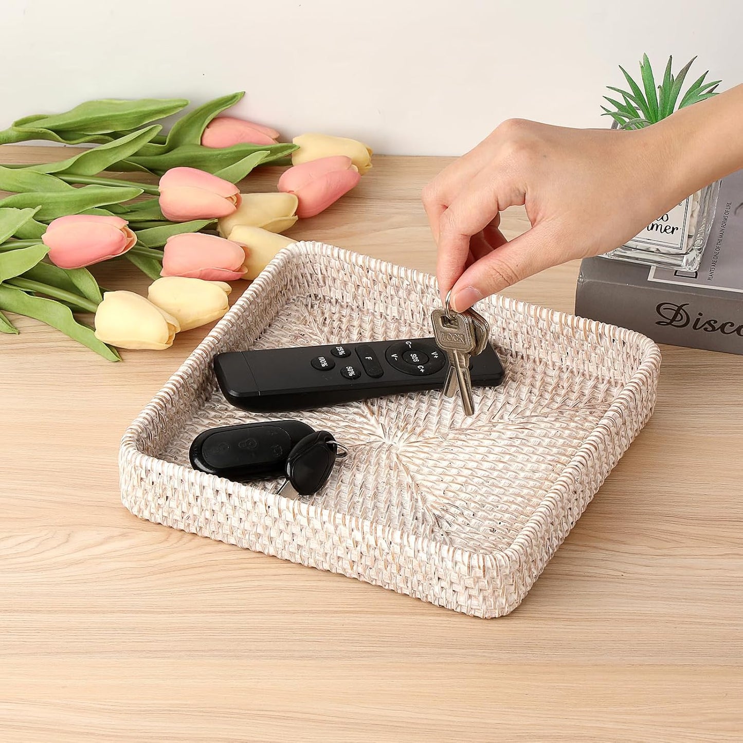 Key Basket for Entryway Table Handwoven Wicker Fruit Tray / 8.1 x 8.1 x 1.4 / Whitewash