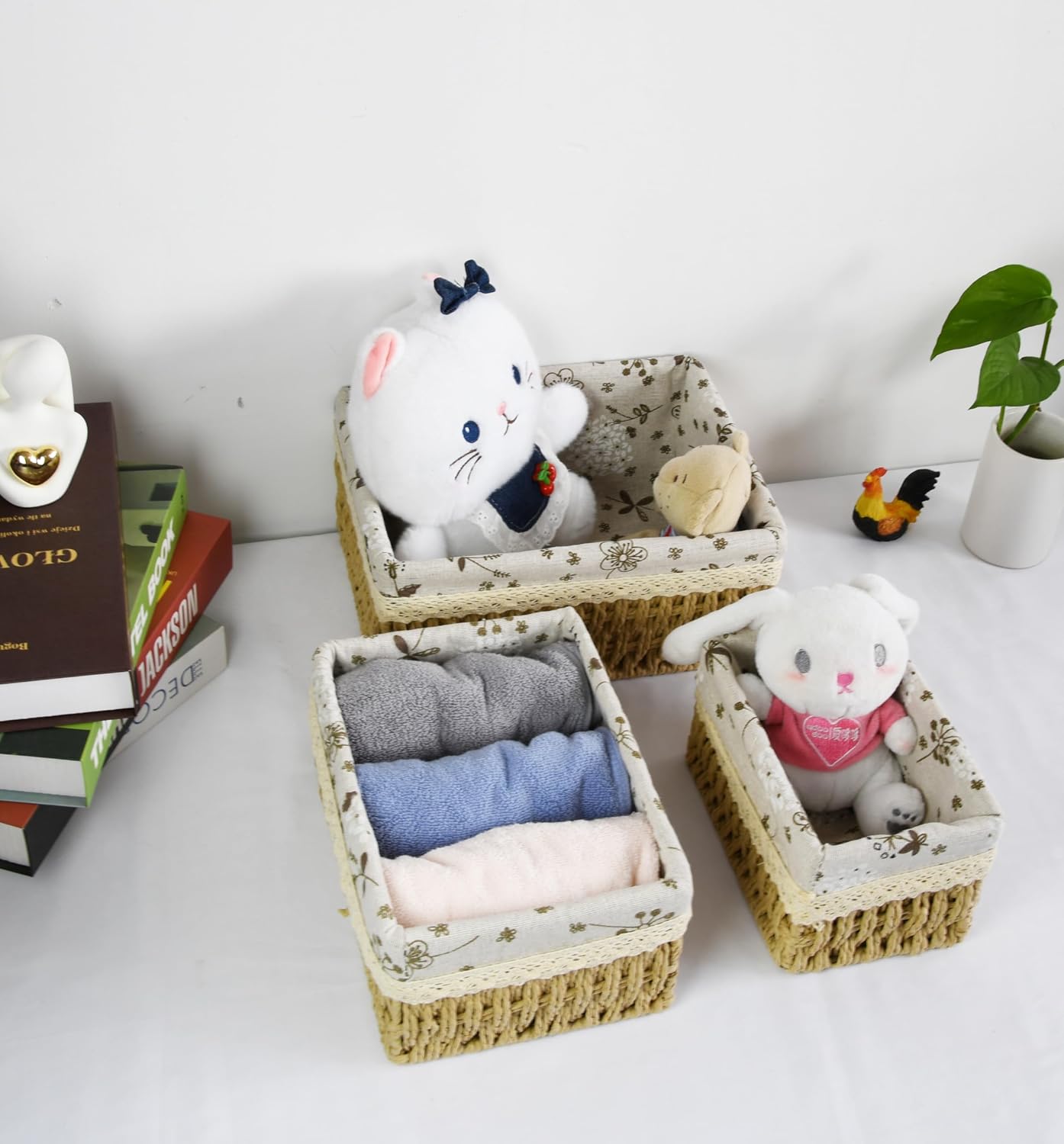 Decorative Paper Rope Storage Baskets Hand-Woven Wicker Nesting Bins / Set of 3