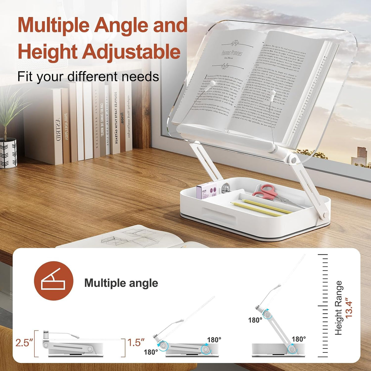 BYMECOST Acrylic Book Stand for Reading, Book Stand with Storage, White | 360° Rotating Base With Elastic Page Clips