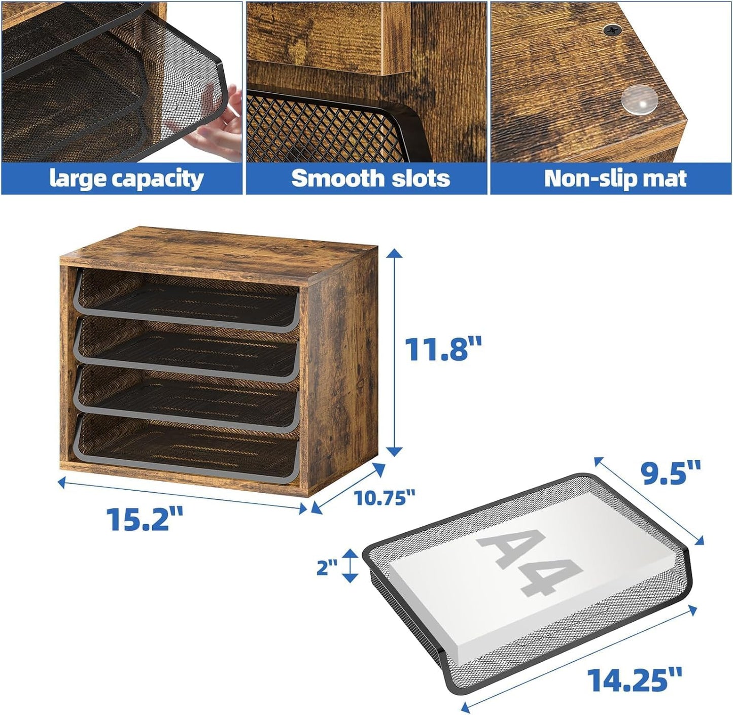 Simple Trending 4-Tier Desk File Organizer, Paper Organizer, Rustic Brown | Adjustable Letter Trays, Wood Desktop File