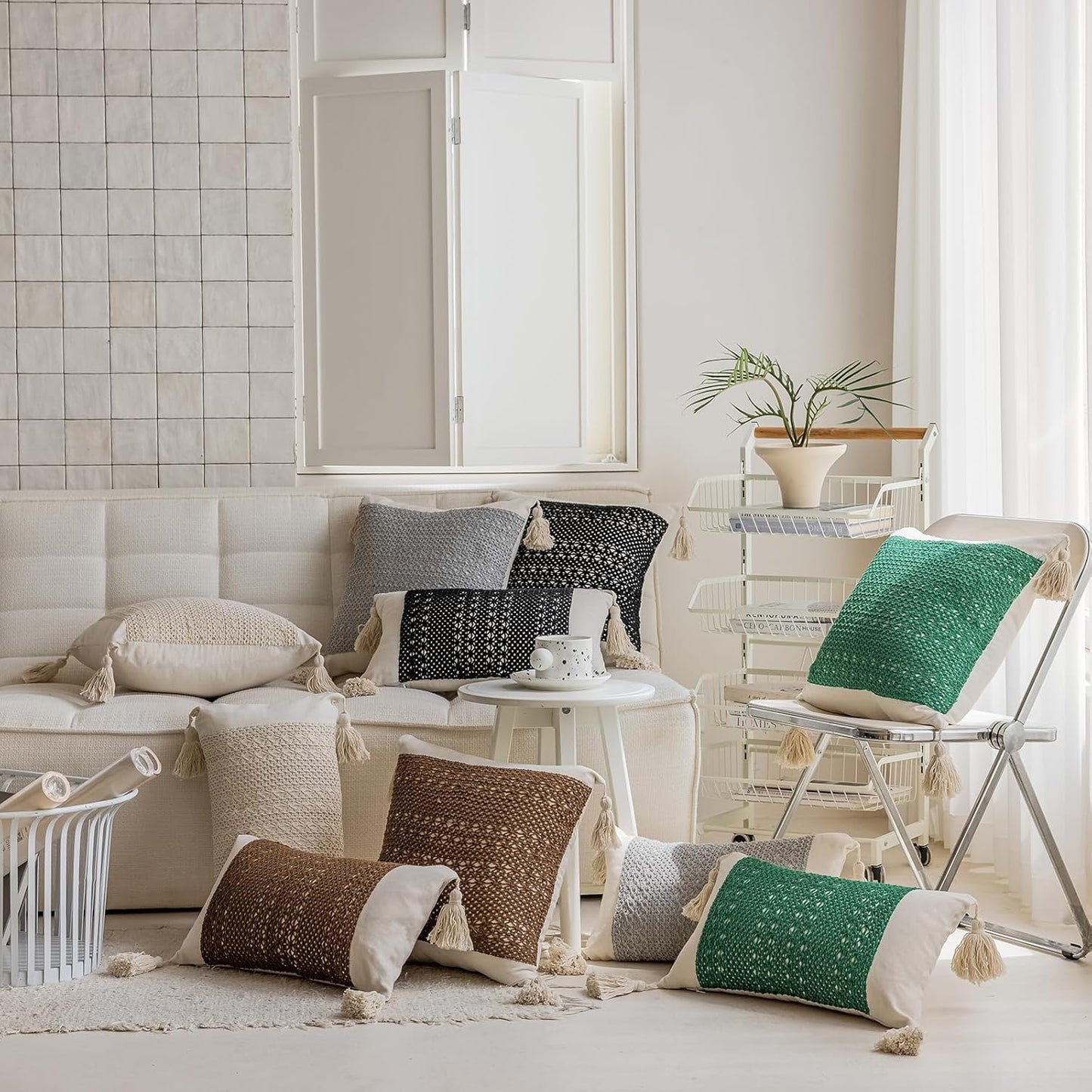 Tassels Soft Farmhouse Neutral Pillow Covers / 20 x 12 / Beige Weave