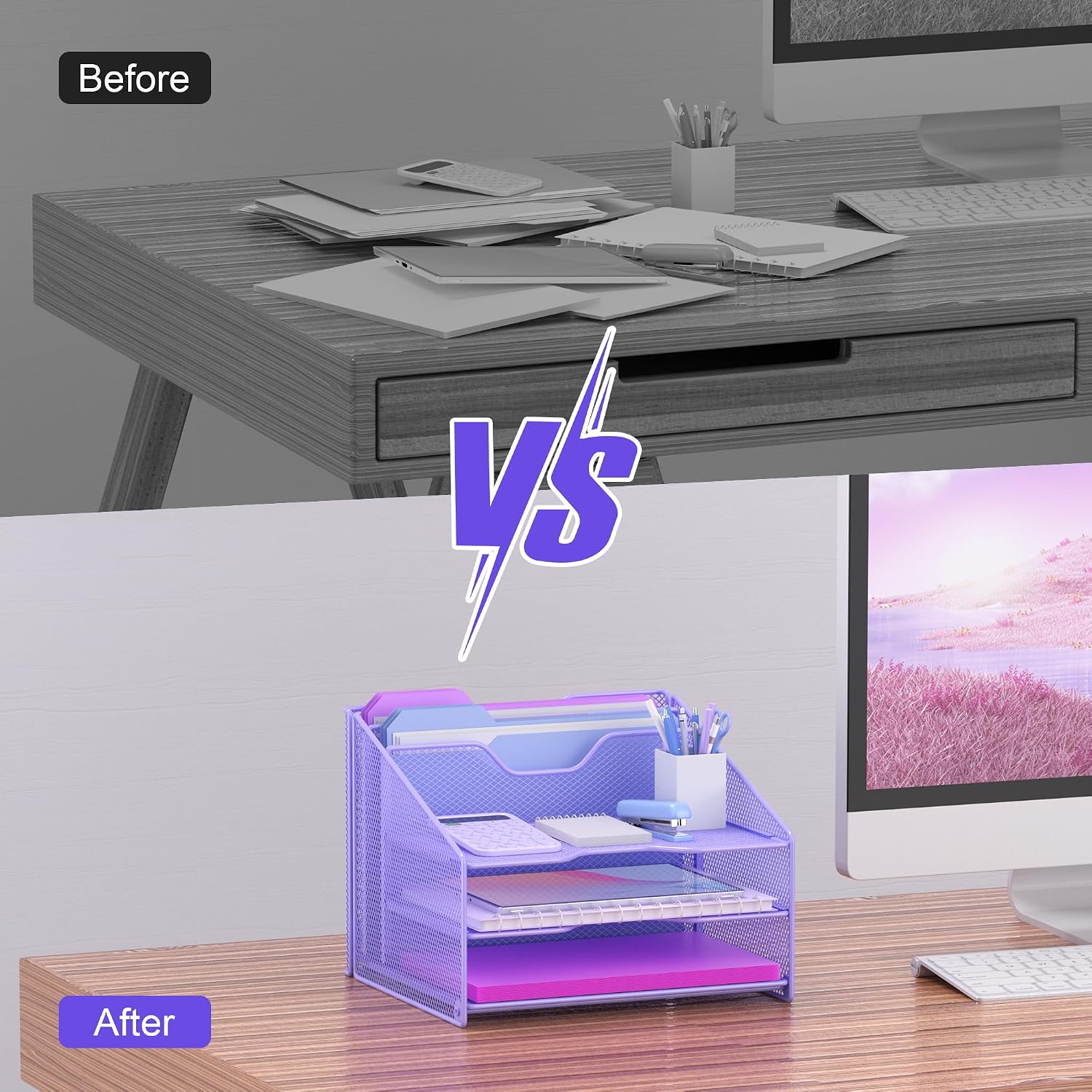 Samstar Purple Desk File Organizer, Mesh Letter File Folder Holder with 3 Paper Trays and 2 Vertical Upright Section