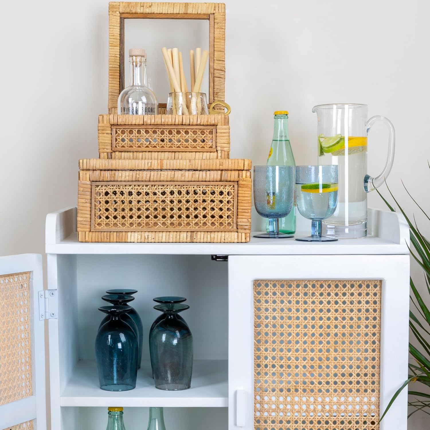 Modern Decorative Woven Rattan and Wood Display Boxes / Natural / Square / Set of 2