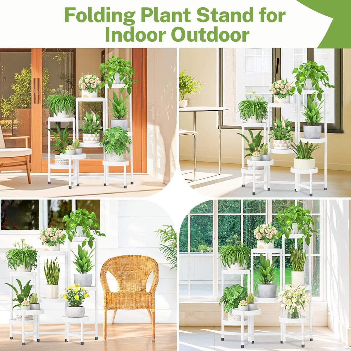 iDavosic.ly 8 Tier Folding Plant Stand Indoor Outdoor, Plastic Tray, White | Space Saving Tiered Corner Storage Display