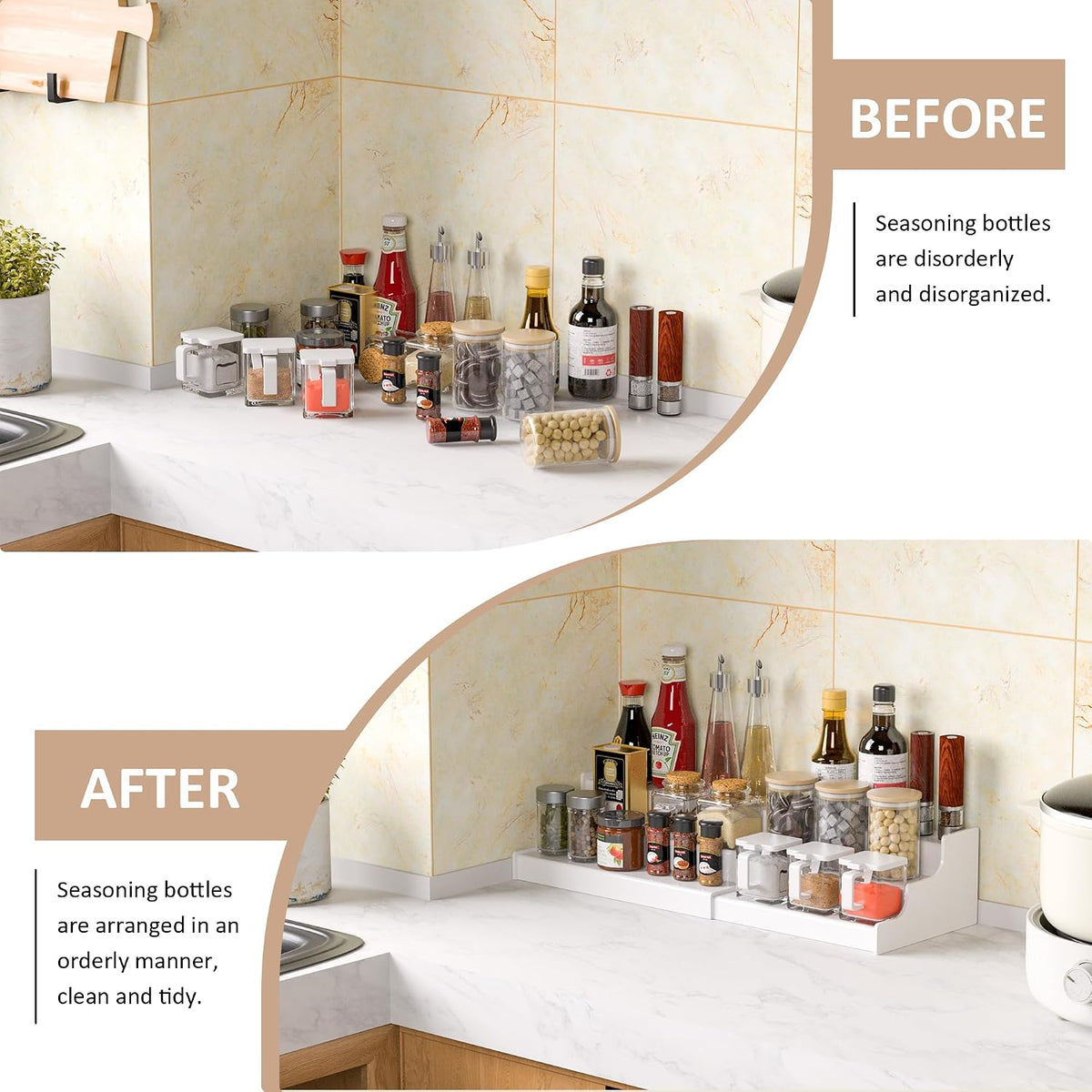 Sezanrpt Expandable Spice Rack Cabinet Organizer 3 Tier, White Kitchen Counter Display Shelf, Seasoning Organizer for