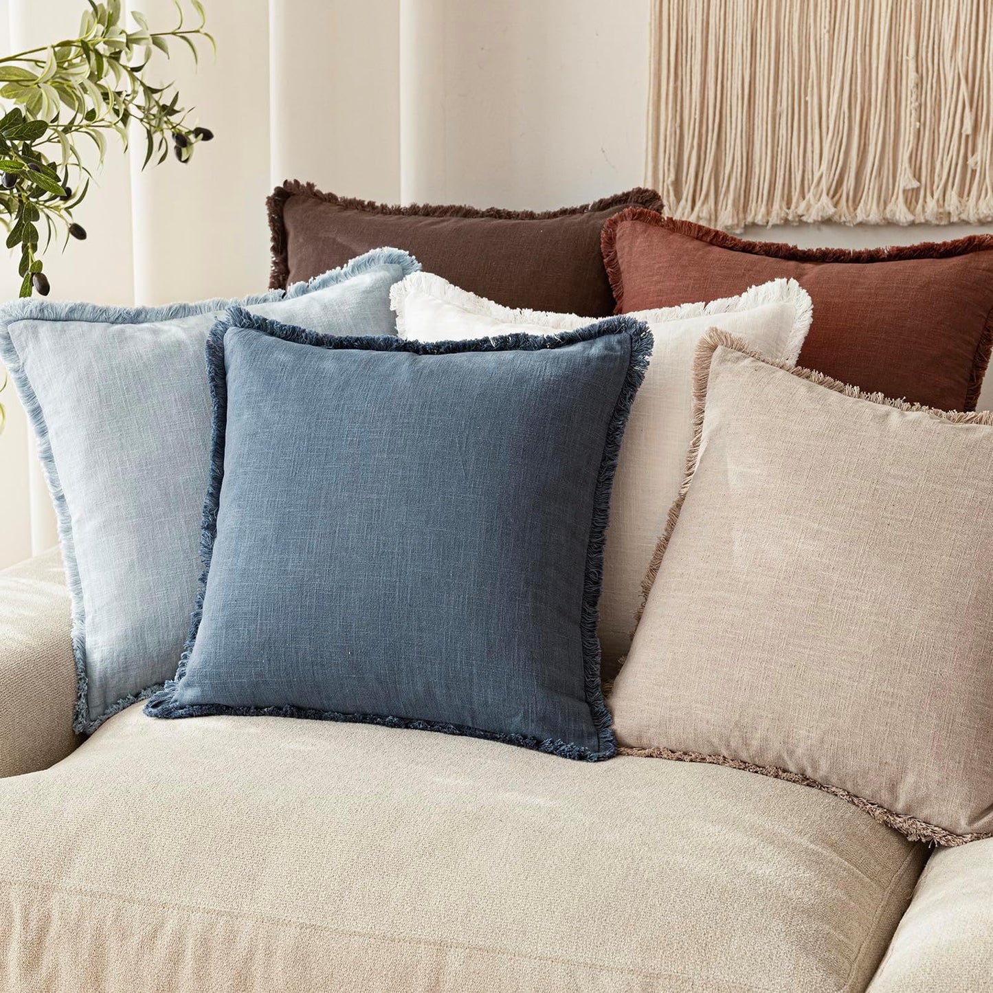 Decorative Linen Fringe Throw Pillow Covers Farmhouse Cushion / 18 x 18 / Blue Ashes / Set of 2
