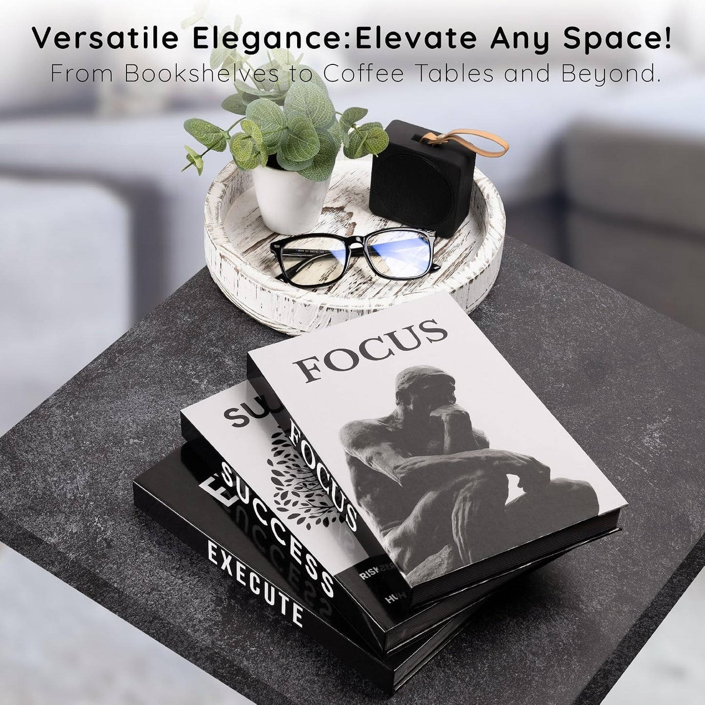 Motivational Desk Décor Decorative Books for Modern Home Office Decor Shelf / Black / Set of 3