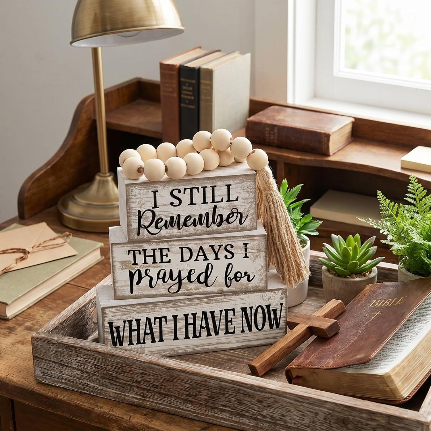Farmhouse Wooden Tabletop Decor Rustic Retro Wood Bead Garland I Still Remember / Prayed / Set of 4