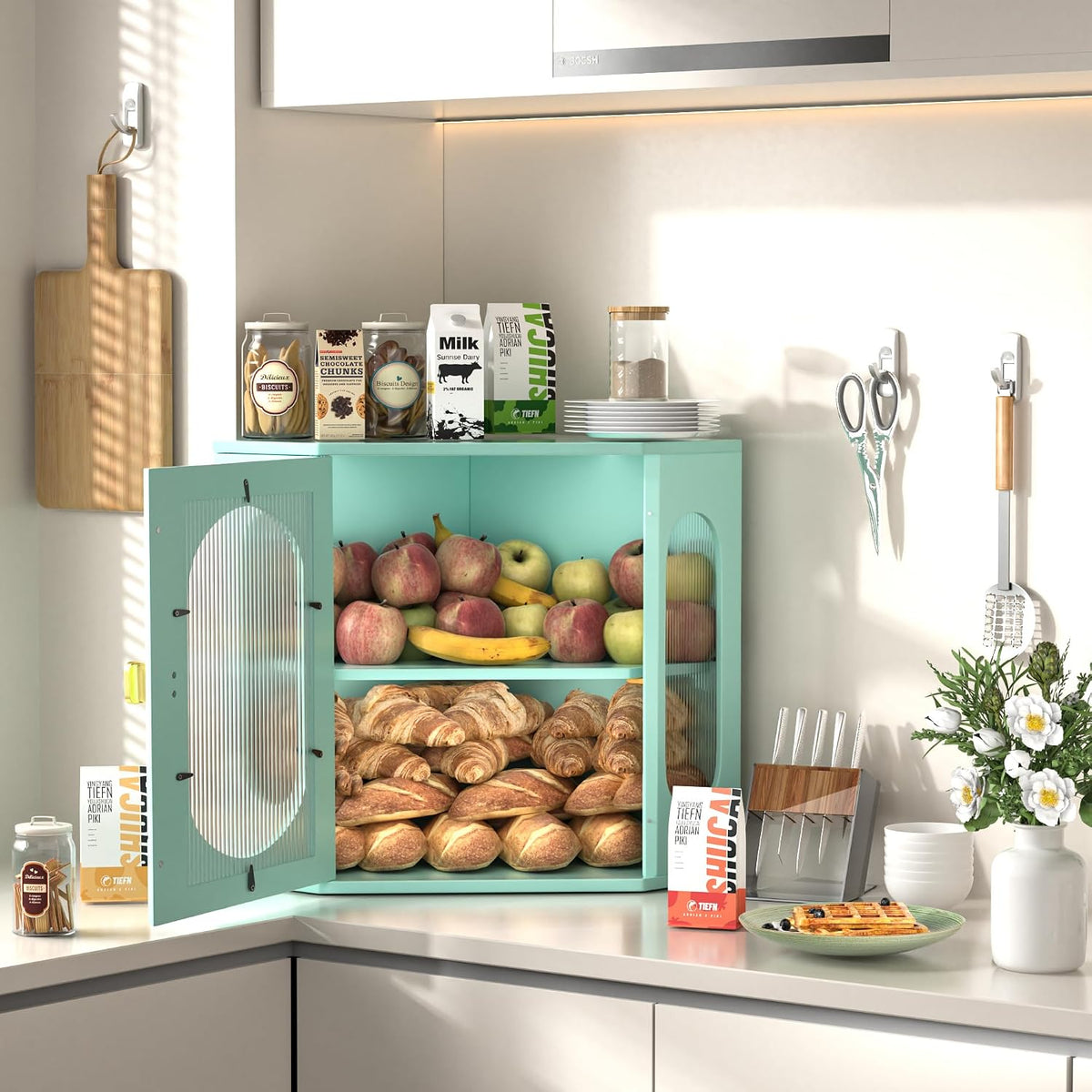 Corner Bread Box for Kitchen Countertop, Large Wooden Bread Box, Double Layer Bread Storage Bin, Bamboo Breadbox for