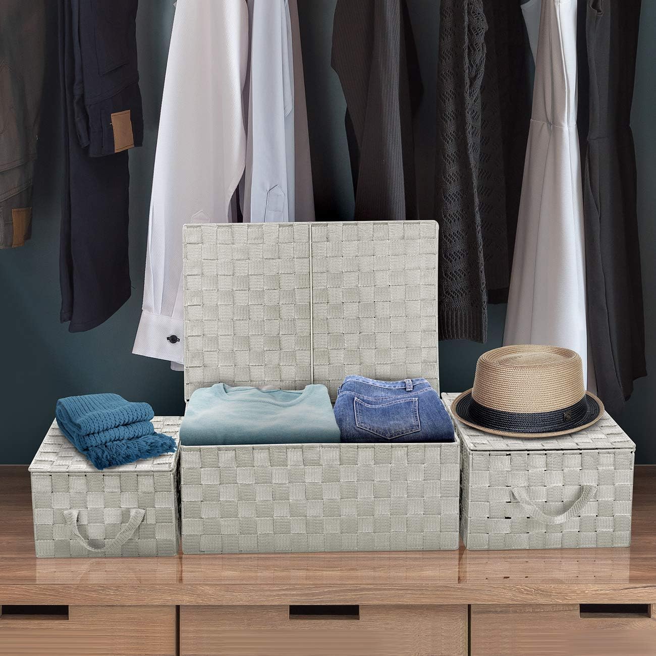 Linen Closet Organizers and Storage / Woven Lid Baskets - Beige / Set of 3