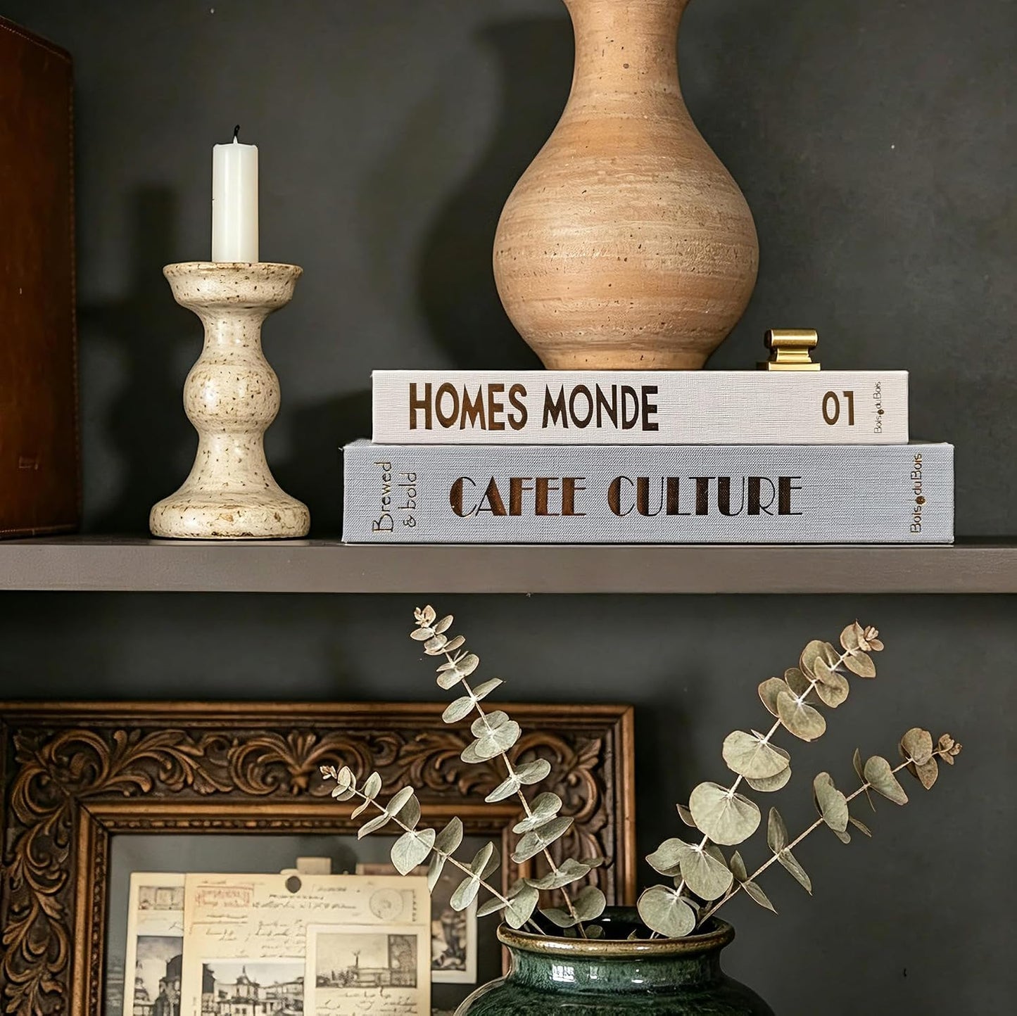 Linen Hollow Faux Book Storage Box Stackable Shelf Decor / 2 Boxes / Grey / Set of 2