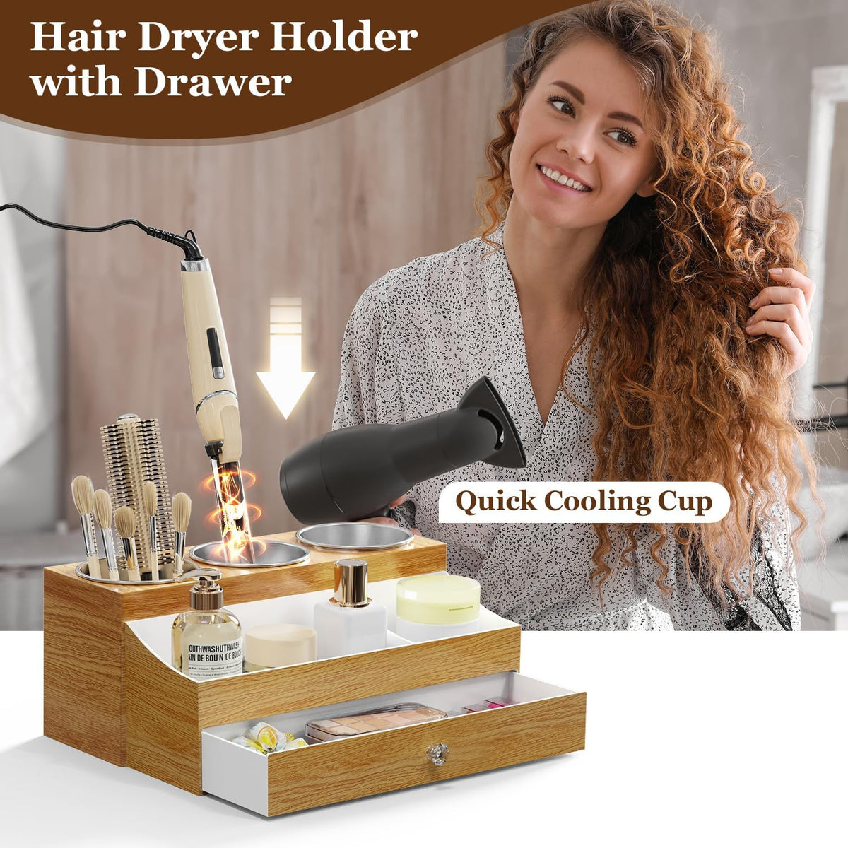 GFWARE Hot Hair Styling Tool Organizer with Drawer & 3 Cooling Cups, Wood | Hair Accessories Bathroom Vanity Storage