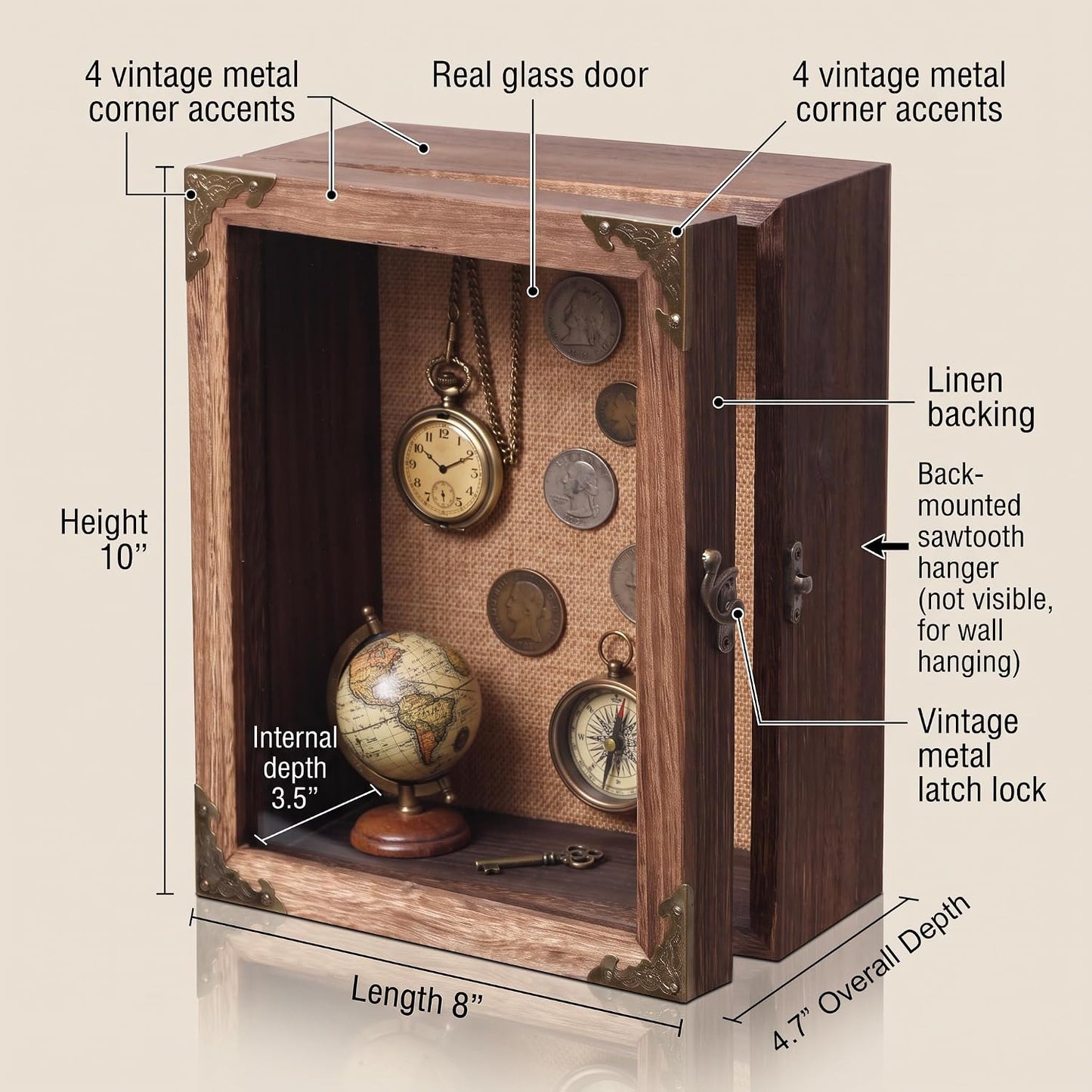 Deep Shadow Box Frame 8x10 with 4.7" Overall Depth, Rustic Carbonized Wood Display Case, Deep Wood Memory Box with