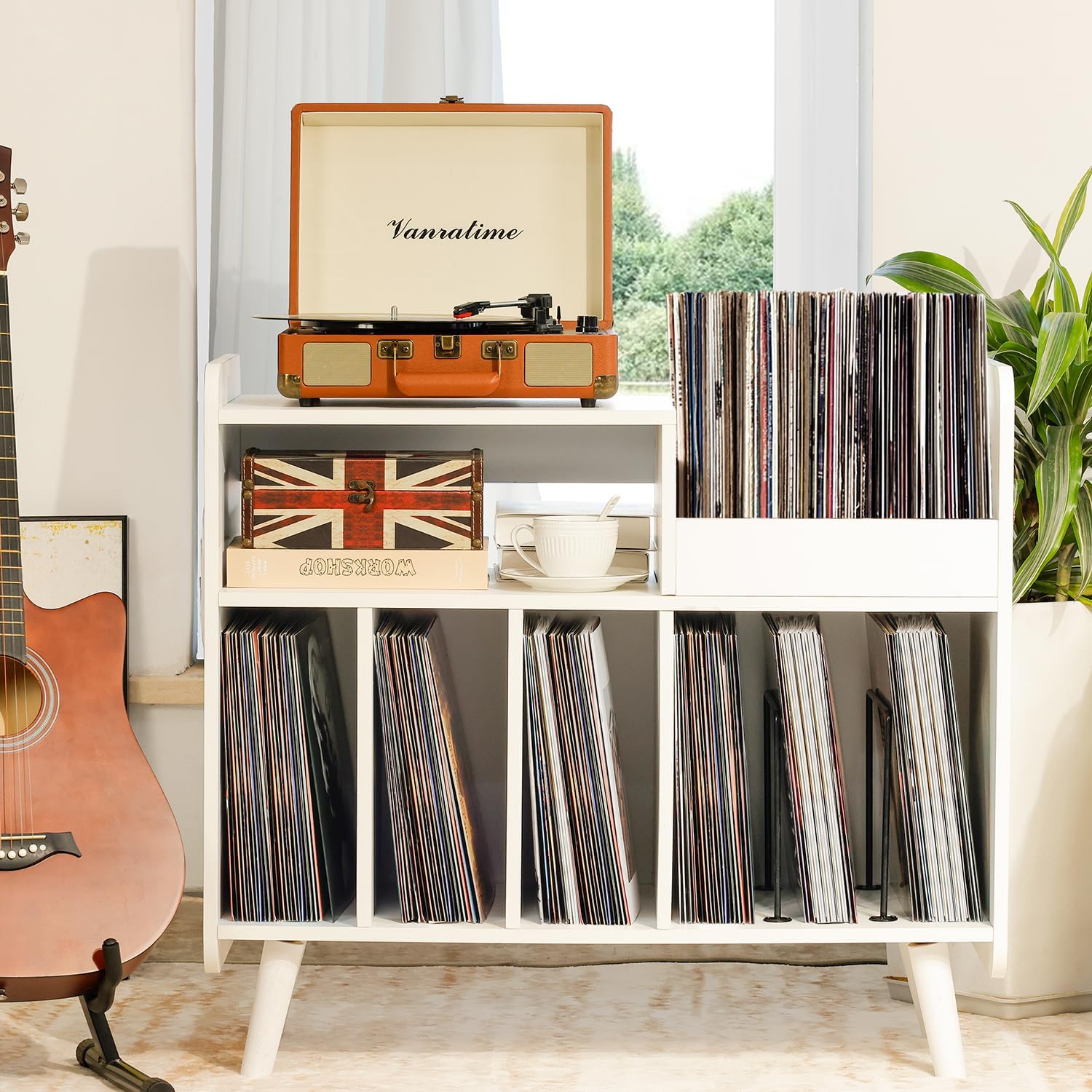Record Player Stand, Large Record Player Table Cabinet (White) | Record Player Stand with Open Vinyl Storage&Display