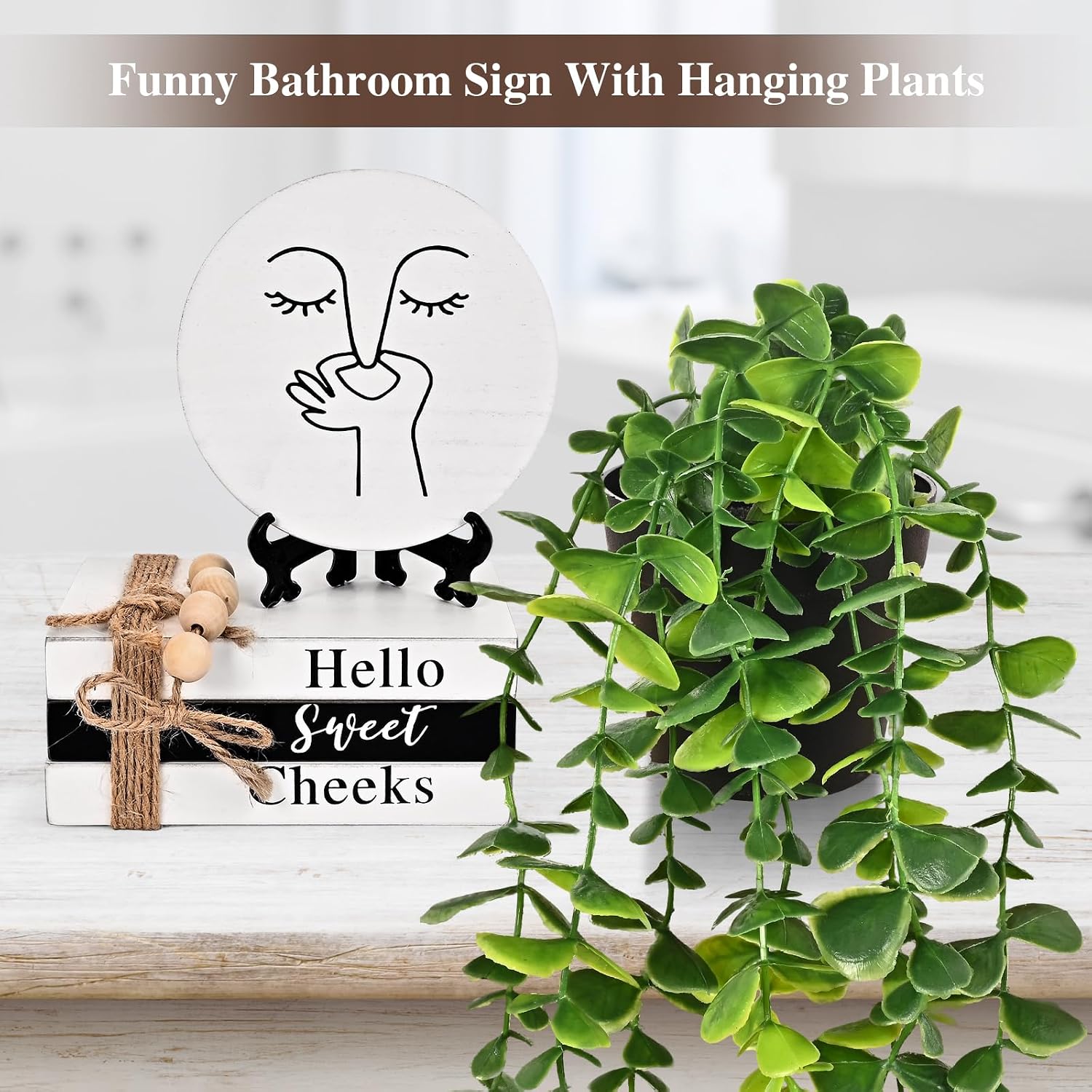 Fake Plant / Round Humorous Sign and Book Stack