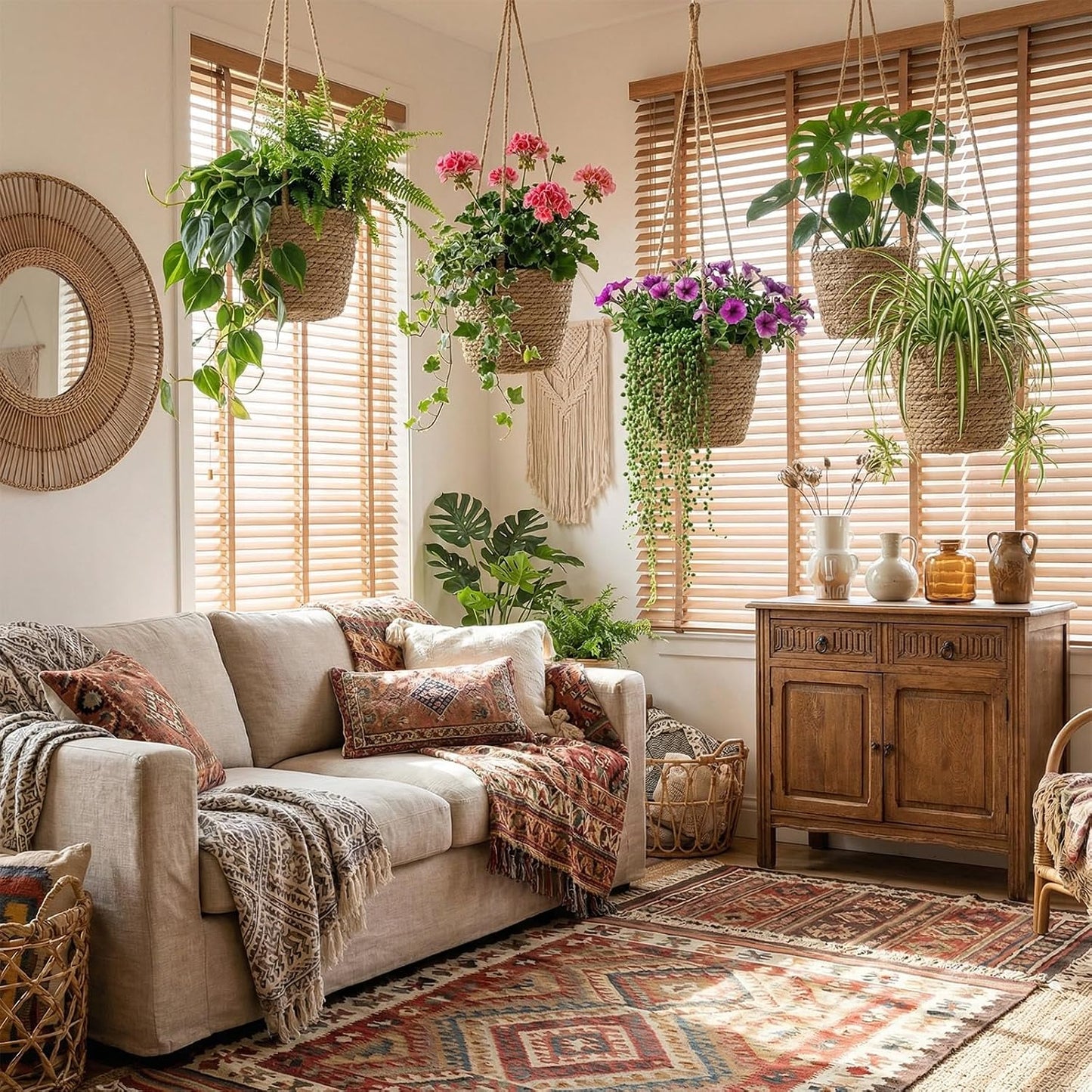 Seagrass Hanging Planter Basket Hand Woven Plant Basket / Brown / Small / Set of 6
