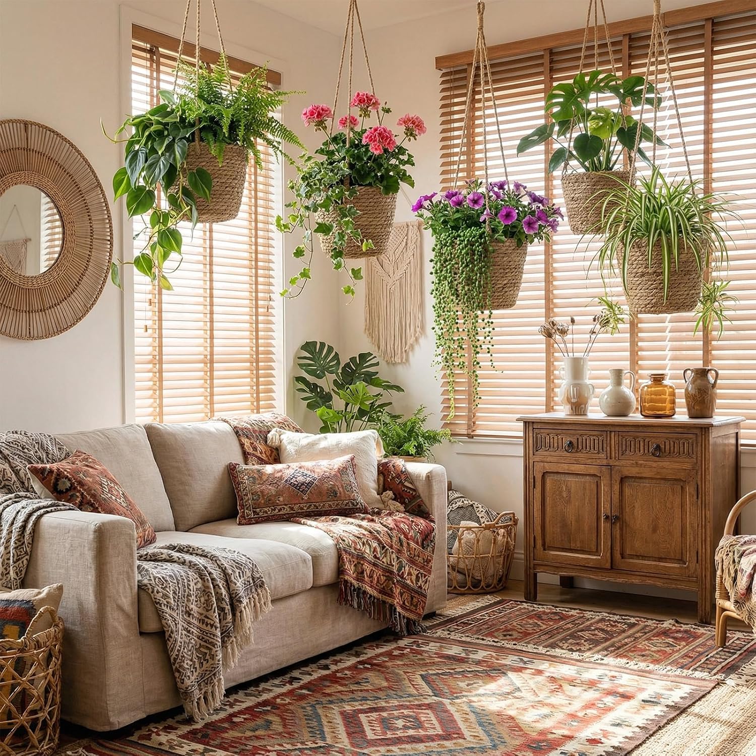 Seagrass Hanging Planter Basket Hand Woven Plant Basket / Brown / Small / Set of 6