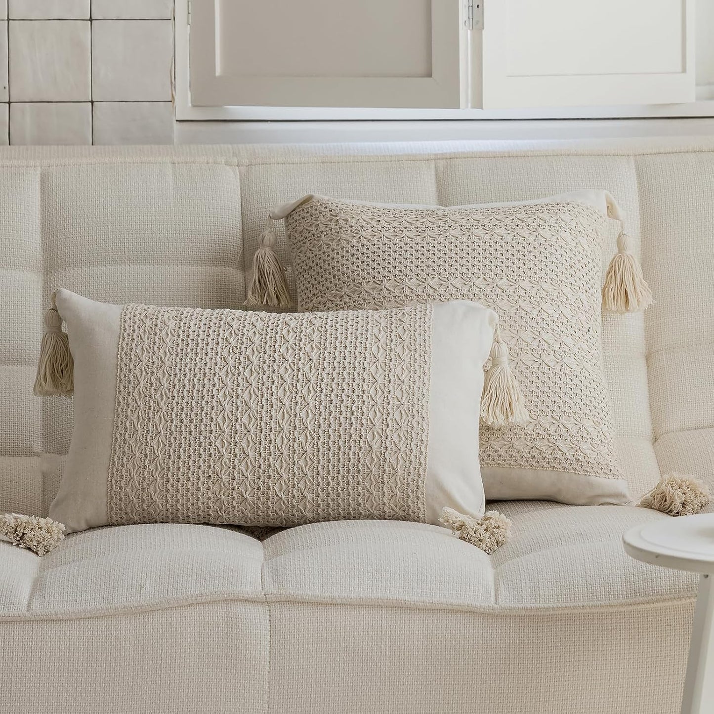 Tassels Soft Farmhouse Neutral Pillow Covers / 20 x 12 / Beige Weave
