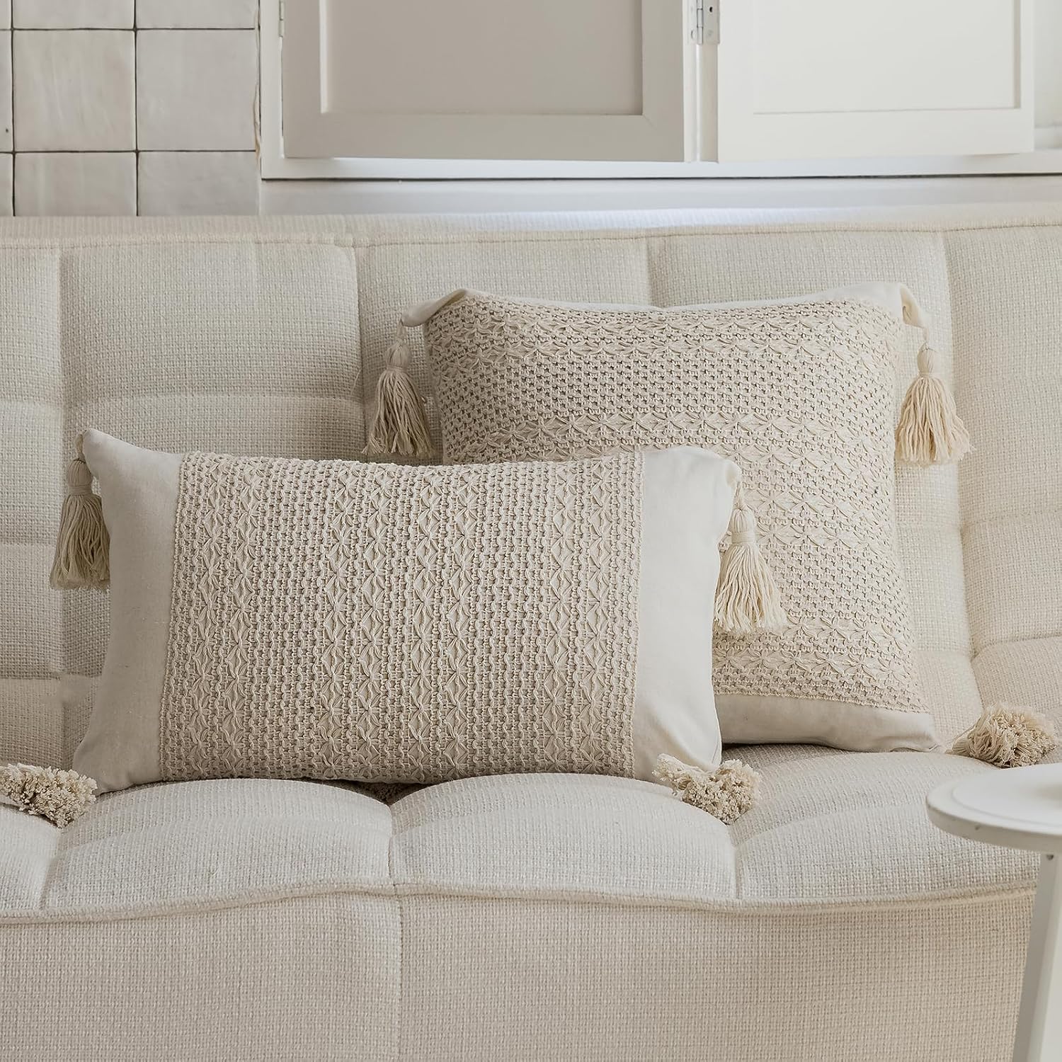 Tassels Soft Farmhouse Neutral Pillow Covers / 20 x 12 / Beige Weave