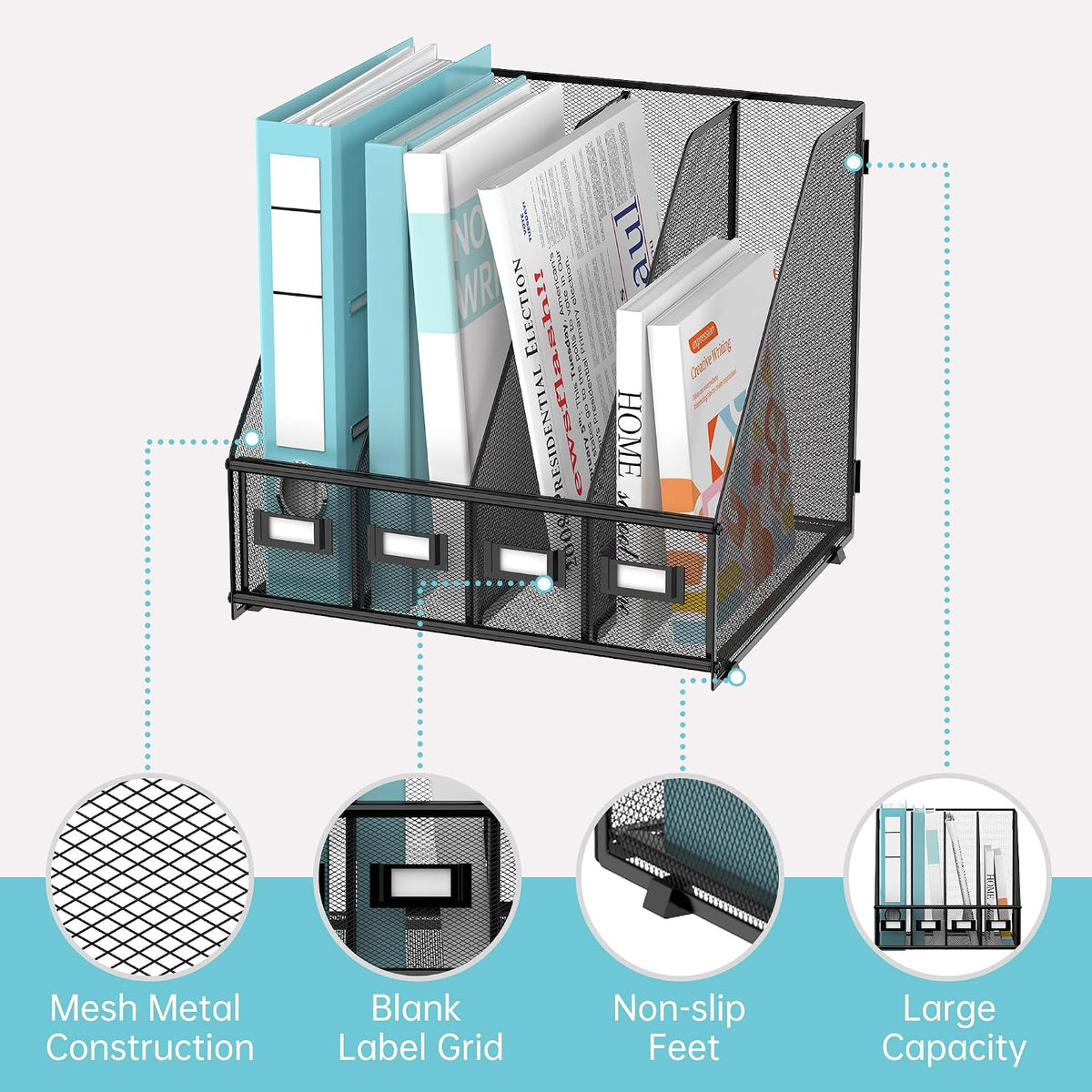 4-Compartment Magazine File Holder and File Organizer for Desk, Black | Metal Magazine Holder and Magazine File Holder
