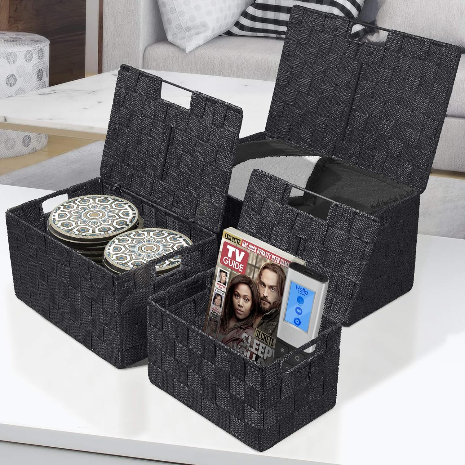 Woven Storage Baskets / Lid Bins / Black / Set of 3