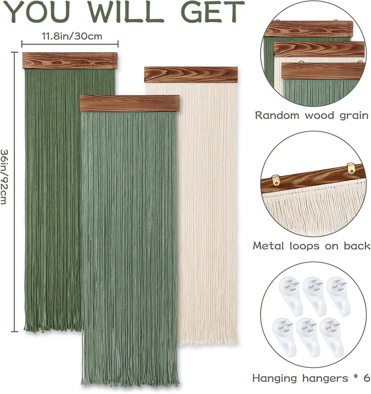 Macrame Wall Hanging Boho Chic Home Decor / Green and Beige / Set of 3
