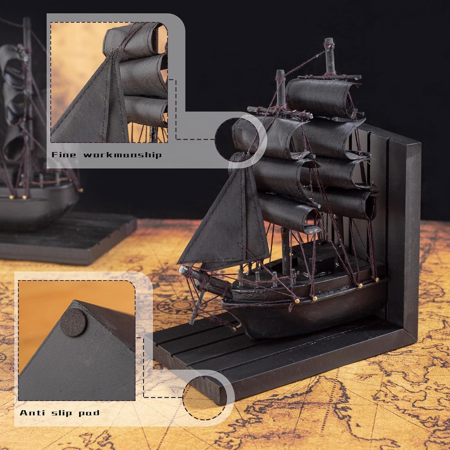 Wooden Ship bookends The Pearl Pirate 10" Prebuilt Caribbean Coastal Sailboat Decor Nautical / Black