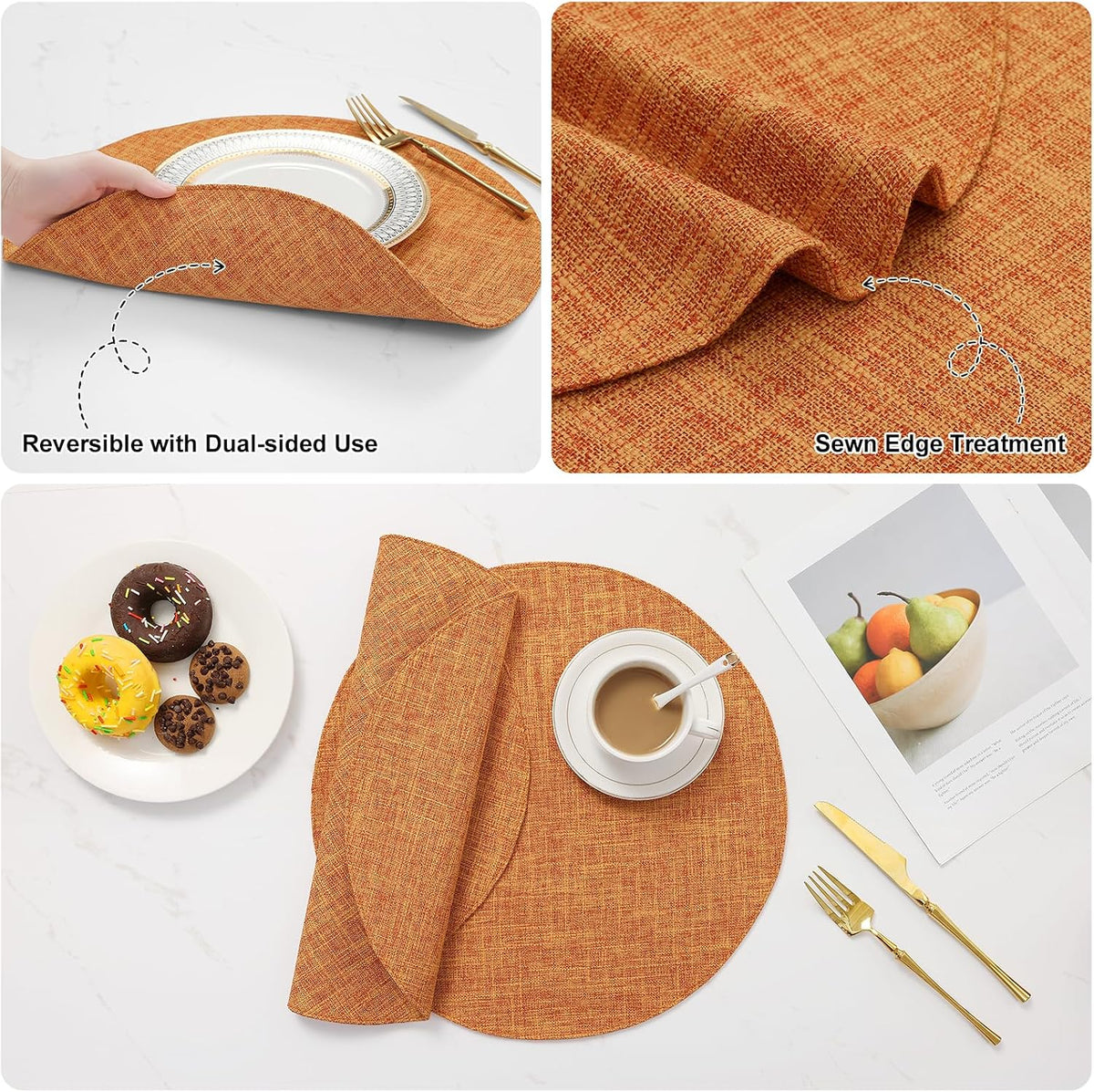 Cotton Linen 15 Inch Round Cloth Place mats, Set of 6, Orange | Washable Table Mats, Heat Resistant, Reversible