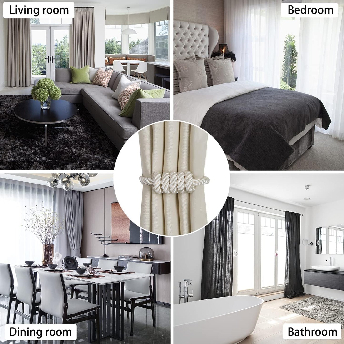 BEL AVENIR Magnetic Curtain Tiebacks 6 Pack Hand-Woven Curtain Ties | Beige Decorative Curtain Holdbacks Bohemian Style