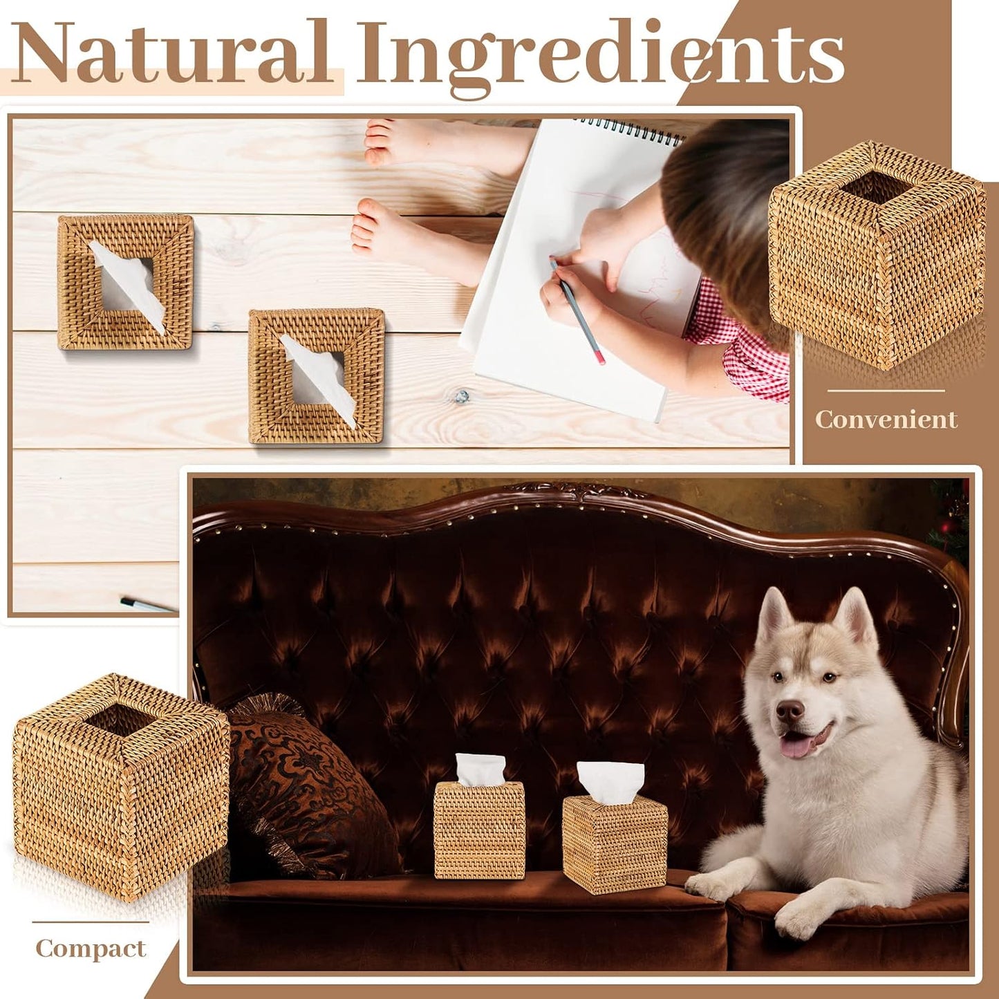 Square Rattan Tissue Box Cover Boho Wicker Tissue Cube Box Cover 5.5'' x / Wood / Natural / Set of 2