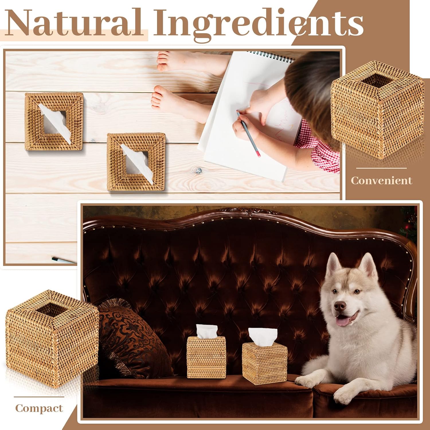 Square Rattan Tissue Box Cover Boho Wicker Tissue Cube Box Cover 5.5'' x / Wood / Natural / Set of 2