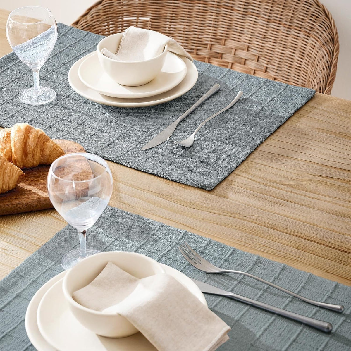 Artisanal Grid Decorative Linen Placemats Set of 6, Chambray | Thick Heavy Textured Washed Linen Place Mats 13×19in