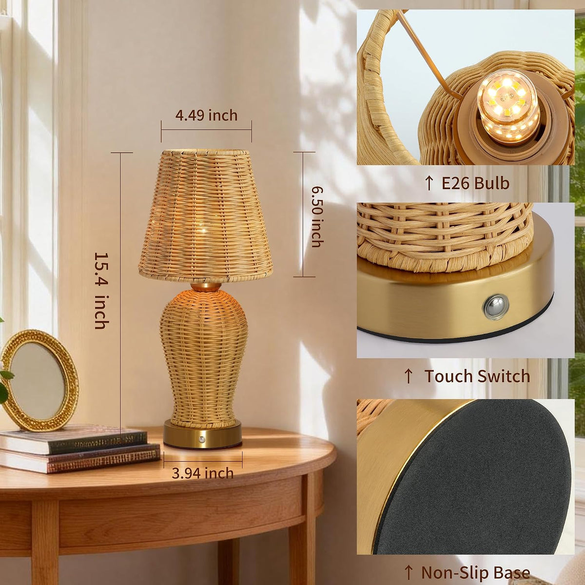 Boho Rattan Rechargeable Cordless Table Lamp, Touch Dimmable Battery Operated Table Light, for Patio Restaurant Kitchen
