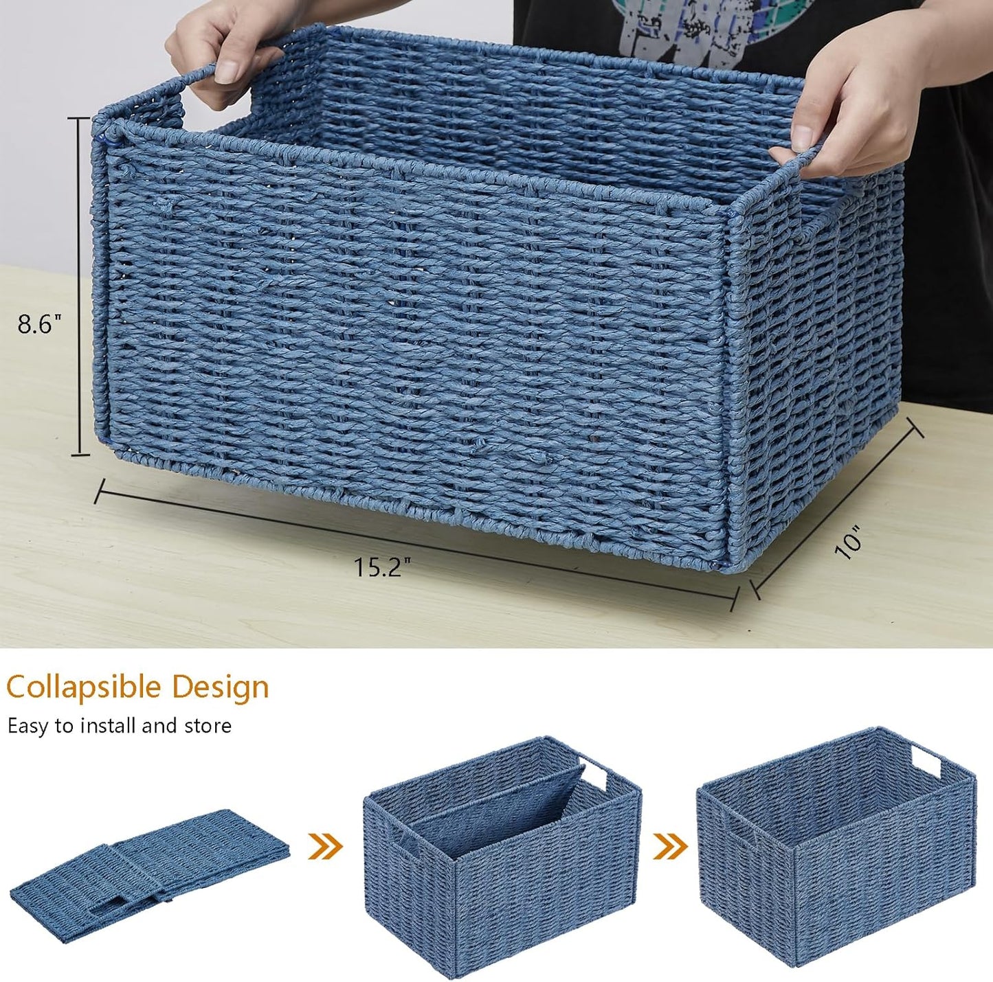 Wicker Storage Basket / Blue / 15.2"D x 10"W x 8.6"H / Set of 2