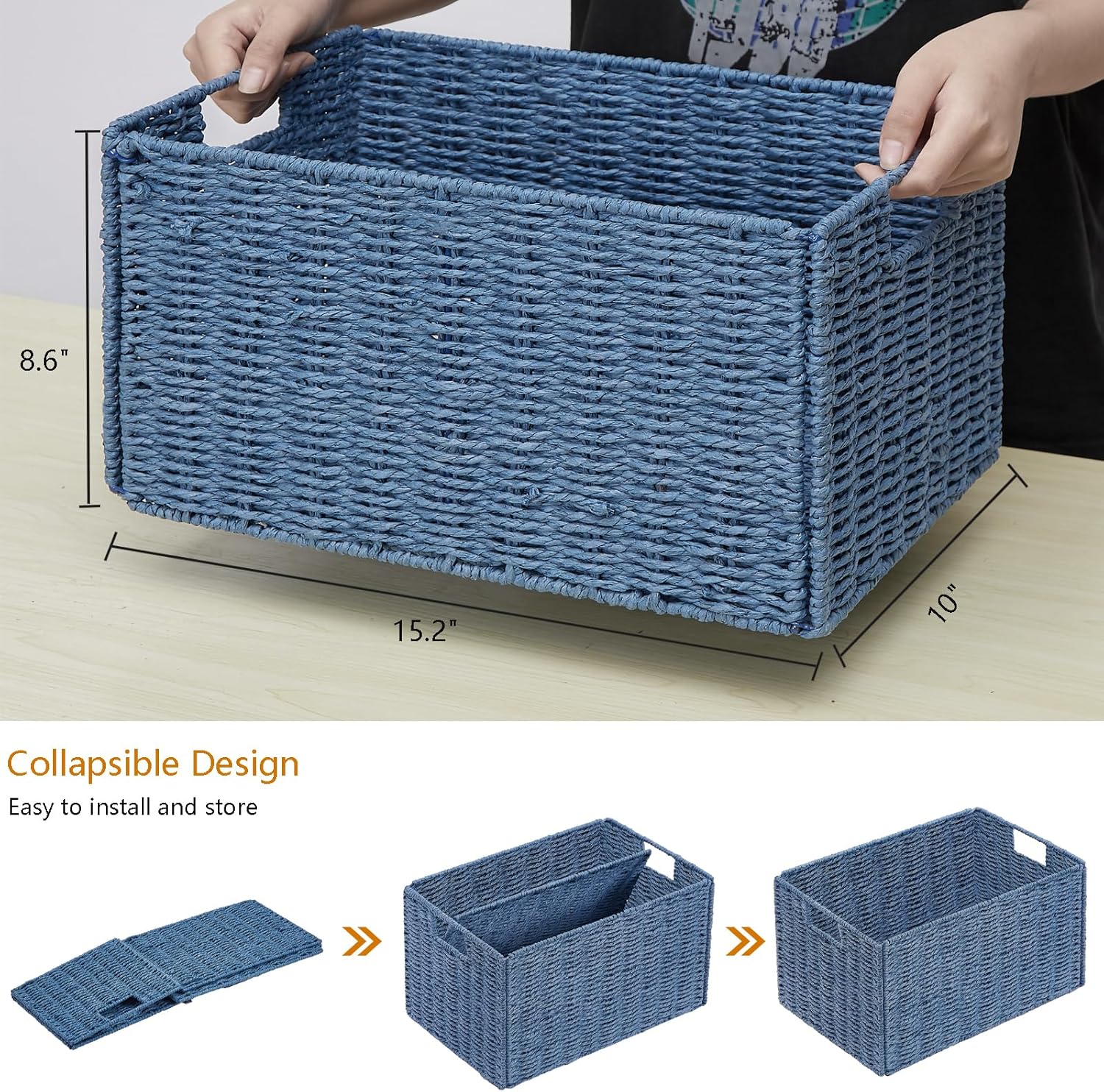 Wicker Storage Basket / Blue / 15.2"D x 10"W x 8.6"H / Set of 2