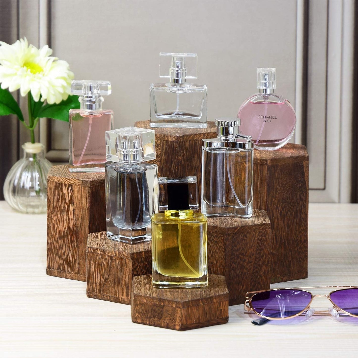 Wooden Hexagon Risers for Display Jewelry and Accessories Display Stand / Brown / Set of 6