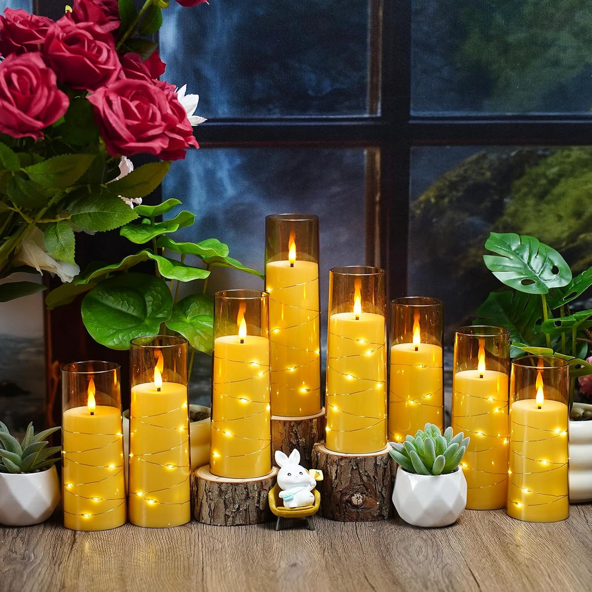 Nimiko Flickering Flameless LED Candles,Battery Operated Candles 24 Pcs with Embedded Star String,Acrylic LED Pillar