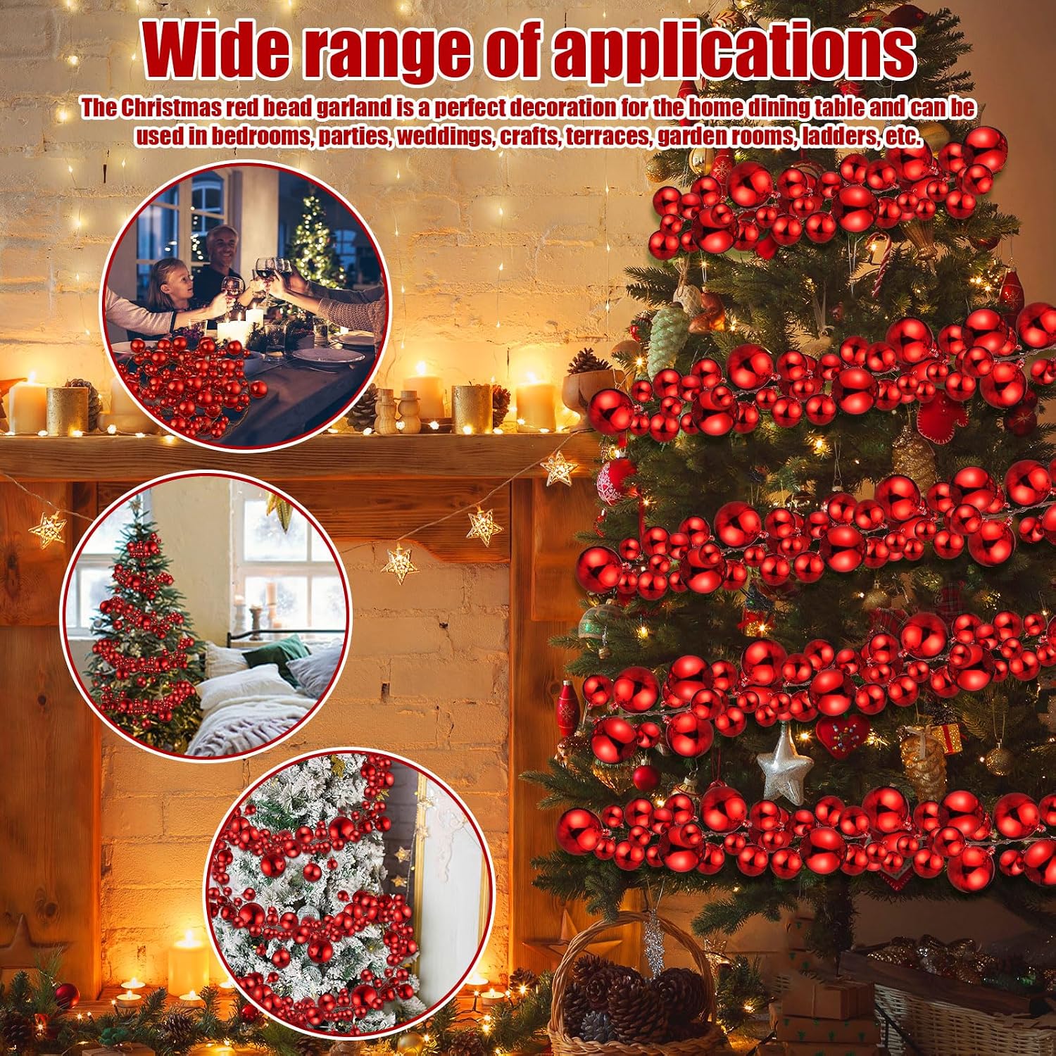 2 Pcs 6 ft Christmas Ball Garland Ornaments, Red | Bauble Bulb Christmas Tree Ball Decoration Shatterproof Ornaments