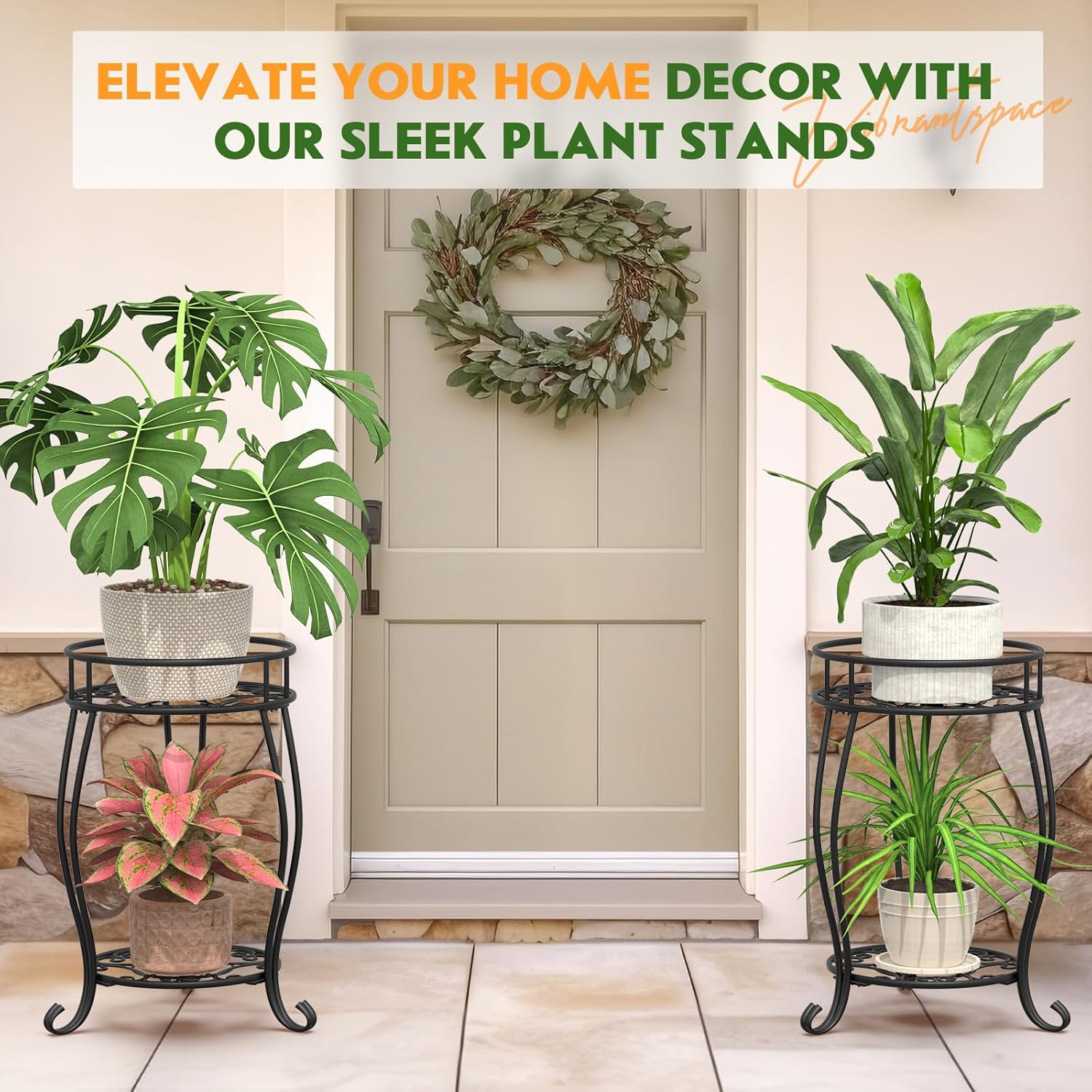 TOSKING 2-Tier & 9.1'' Single Metal Plant Stand Set,Indoor/Outdoor,Black | Single Stand with Adjustable Leveling Feet