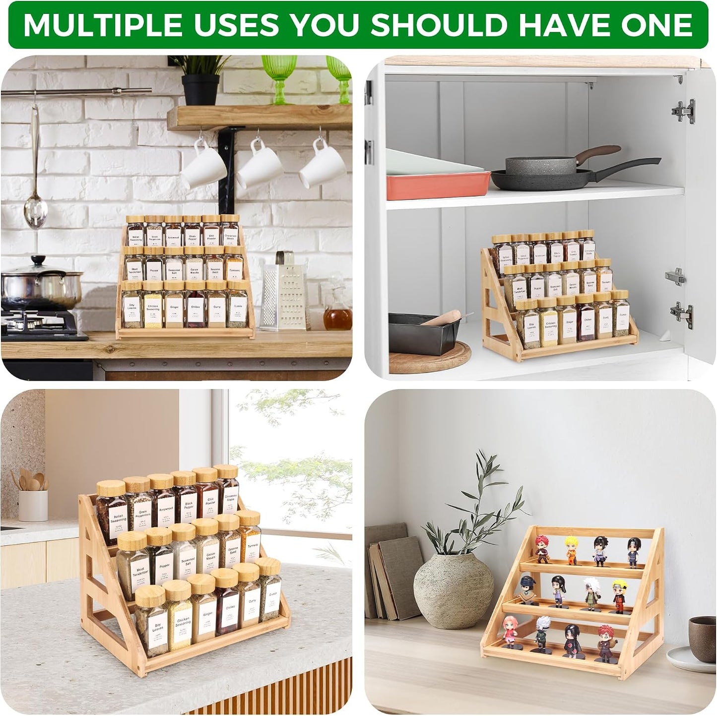 Spice Rack, Spice Organizer -3 Tier Bamboo Spice Racks, Solution for Spice Storage in Kitchens, Countertops，Storage