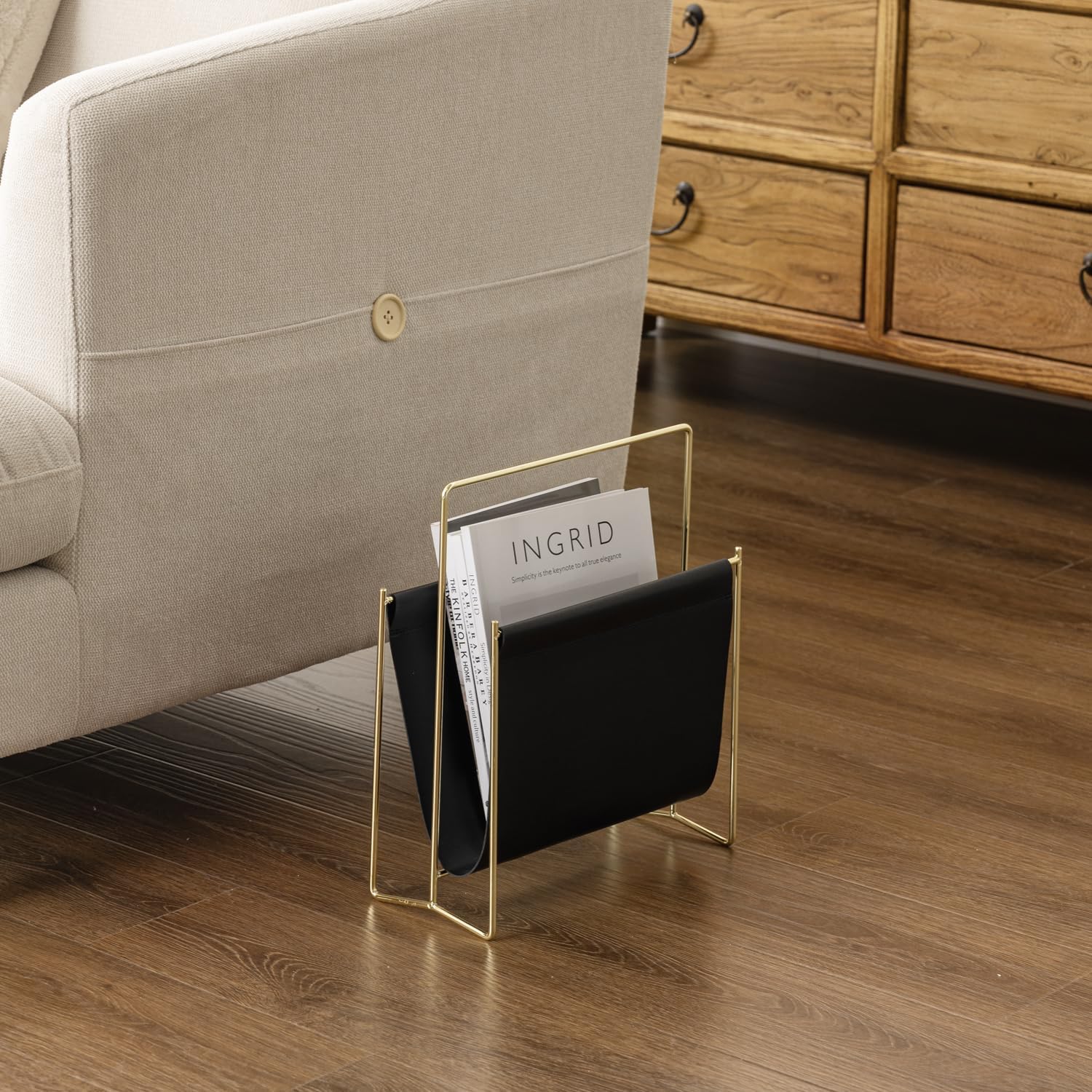 MyGift Black Leatherette Magazine Holder with Gold Metal Frame, 13 Inch | Sleek sling-style organizer keeps magazines