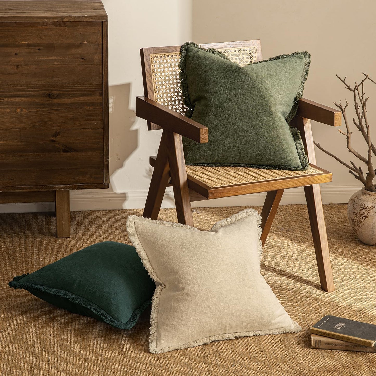 Decorative Throw Pillow Covers Neutral Linen Fringe Throw Pillows / 18 x 18 / Olive Green / Set of 2